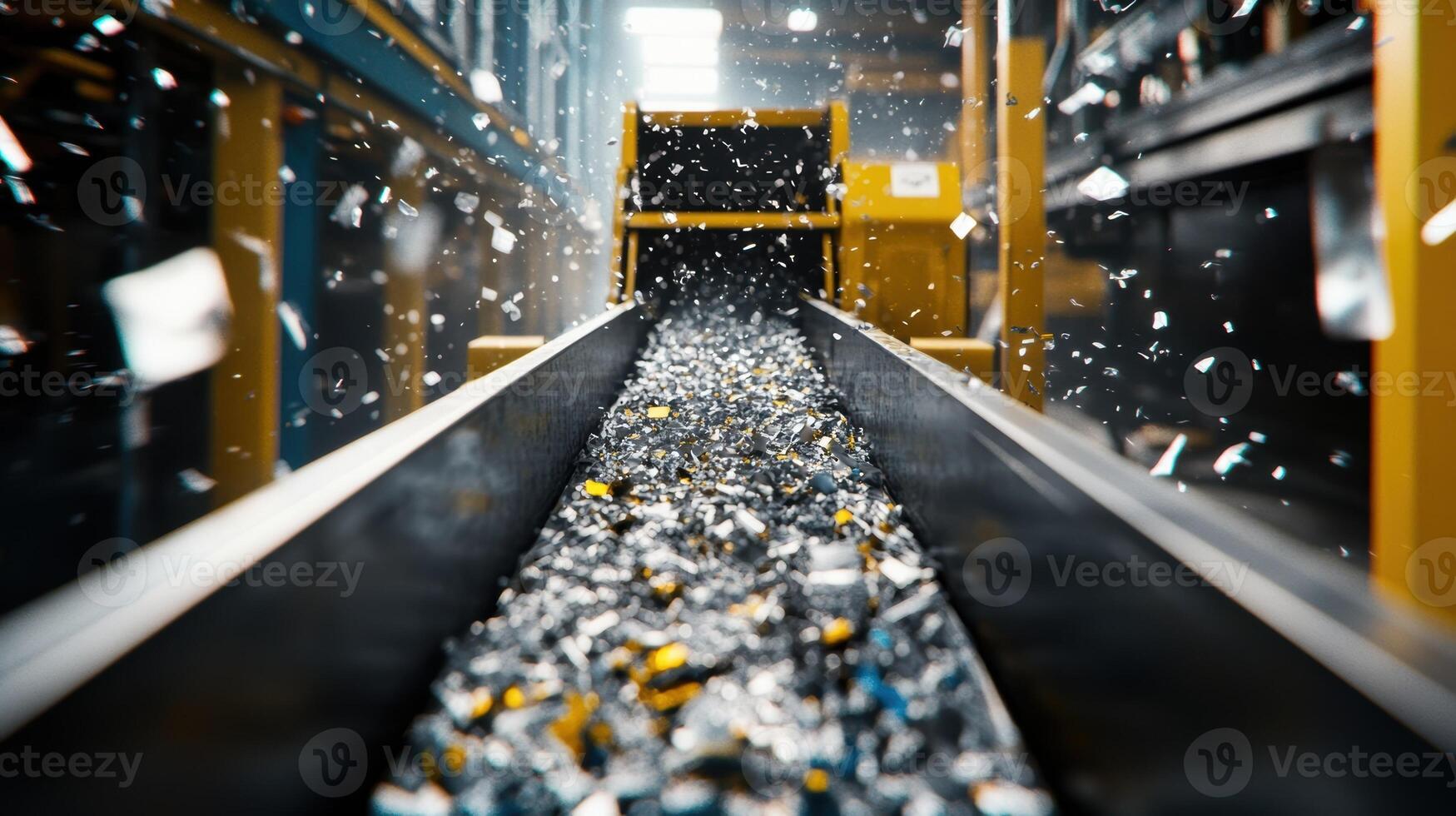 A detailed view of a conveyor belt filled with shredded metals being funneled into a compacting machine emphasizing the efficiency in reducing scrap waste in metal fabrication photo
