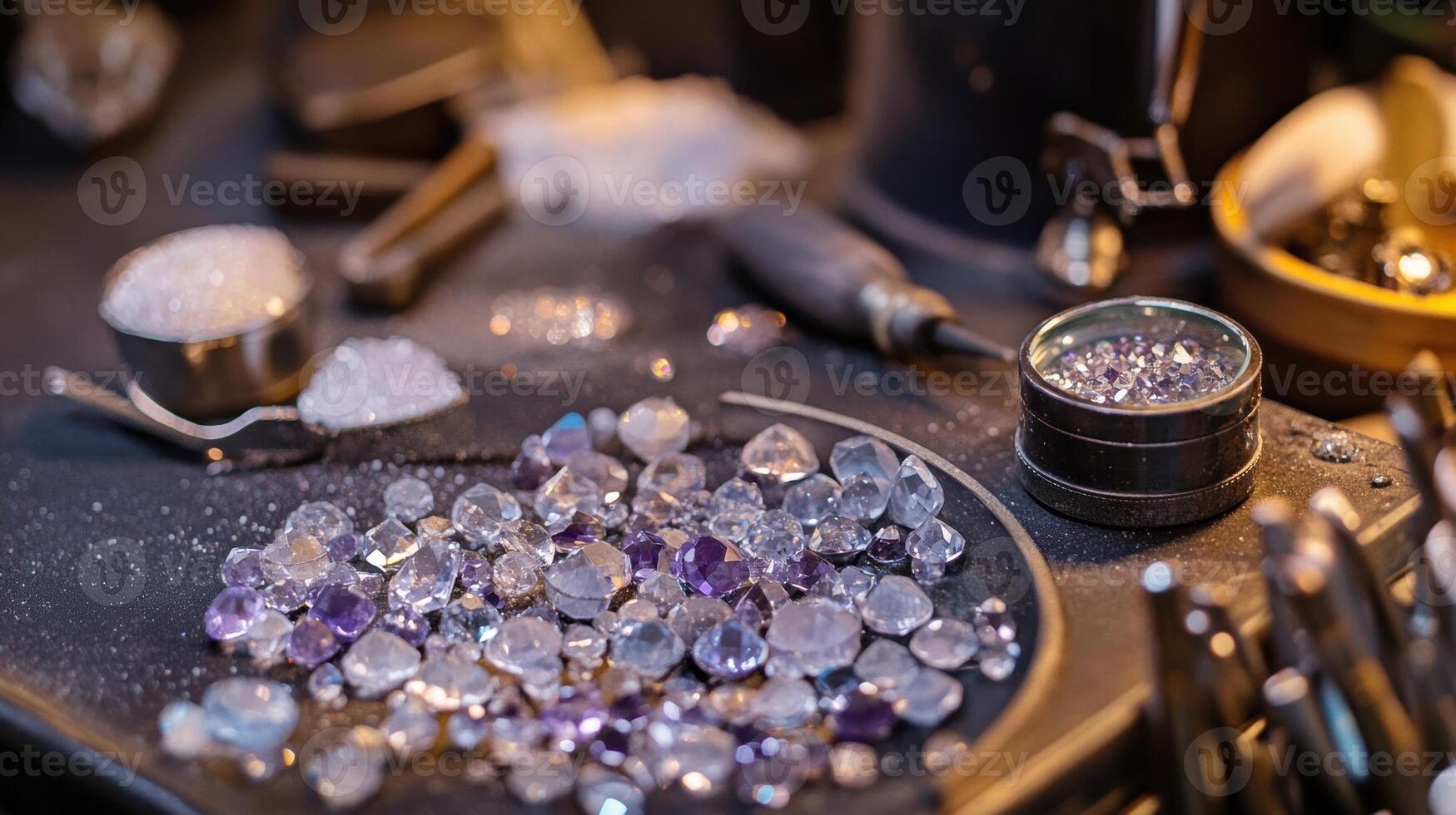 A jewelers bench filled with raw gemstones tools and a magnifying glass showcasing a craftsman as they create a bespoke ring illustrating the meticulous nature of custom jewelry photo