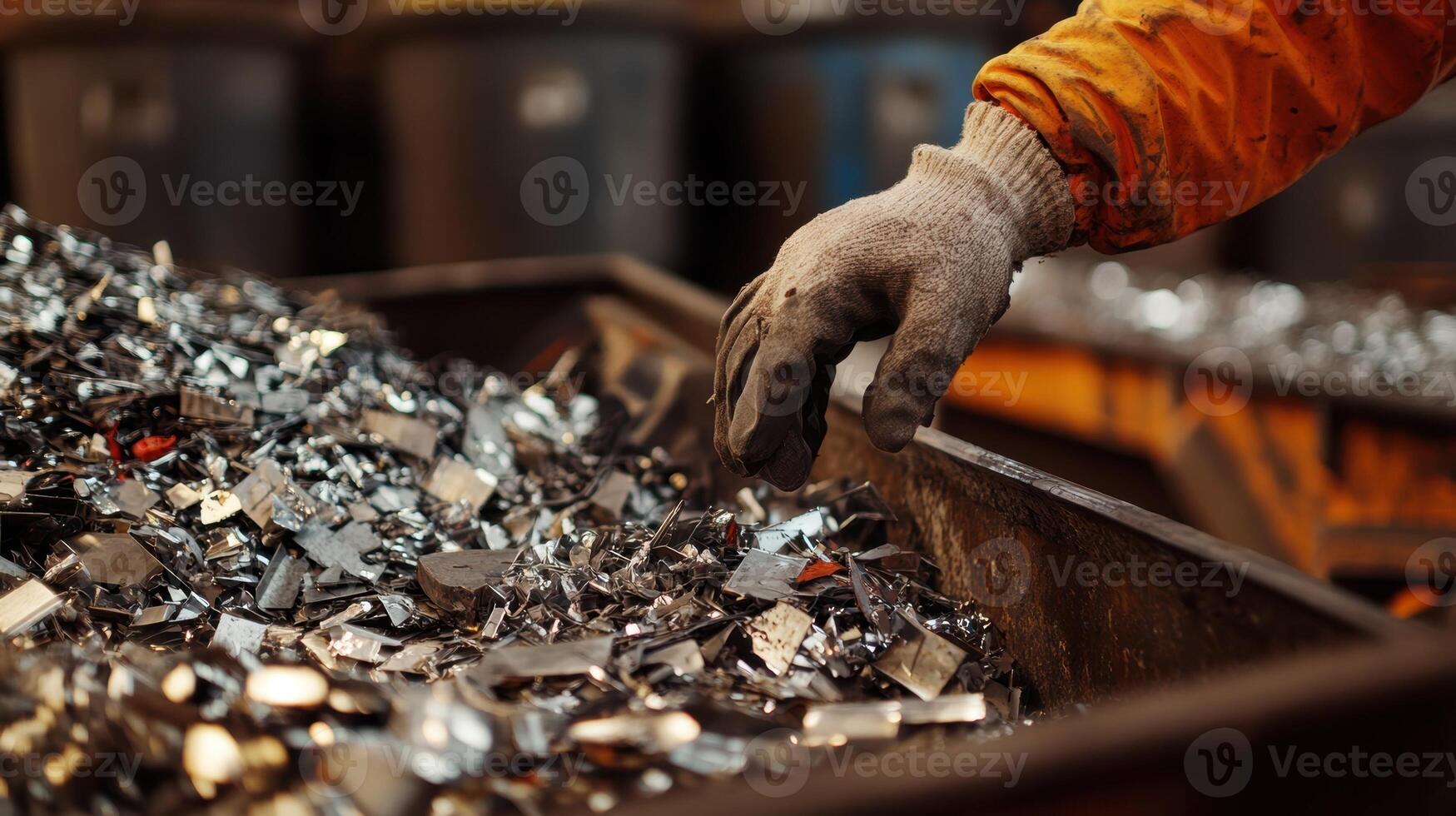Closeup of a workers gloved hands separating shiny metal scraps from a pile of mixed waste with a backdrop of large organized bins ready to receive the sorted materials photo
