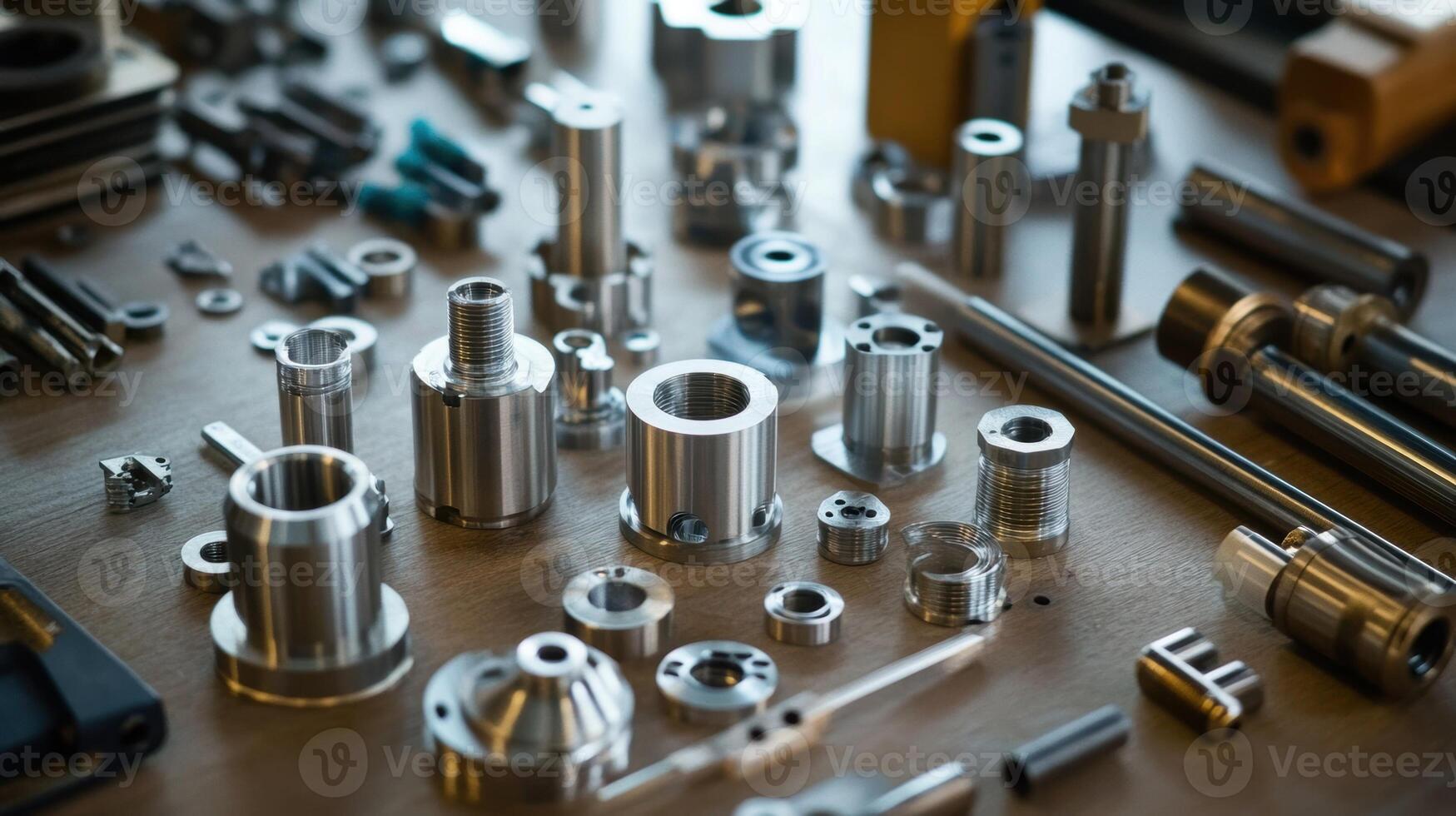 A worker meticulously assembling parts made from locally sourced metals with a focus on the precision tools used and the gleaming finish of the pieces highlighting craftsmanship photo
