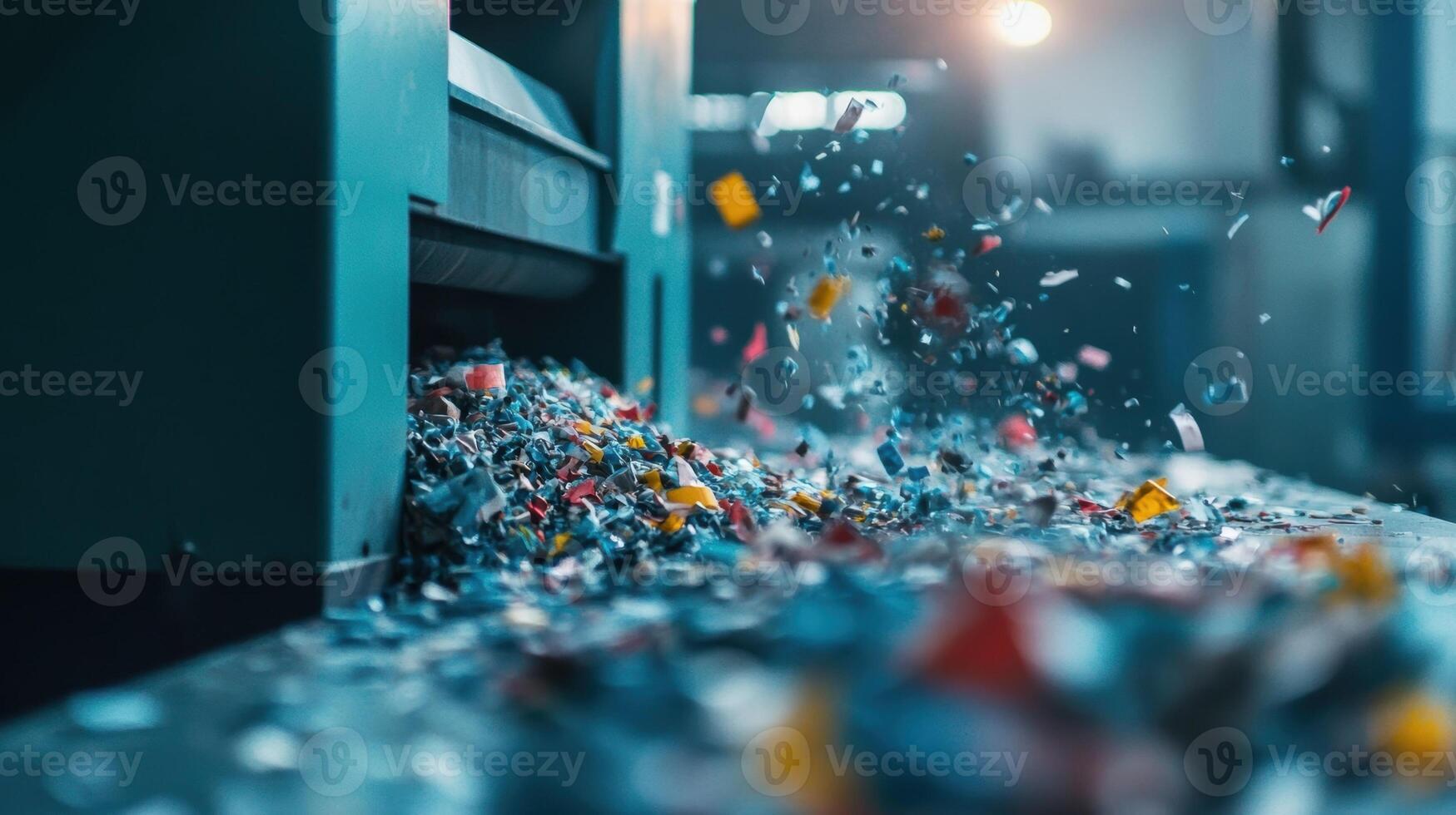 Detailed view of recycled materials being fed into a smallscale injection molding machine with visible labels showcasing their source and the percentage of waste reduction contribute photo