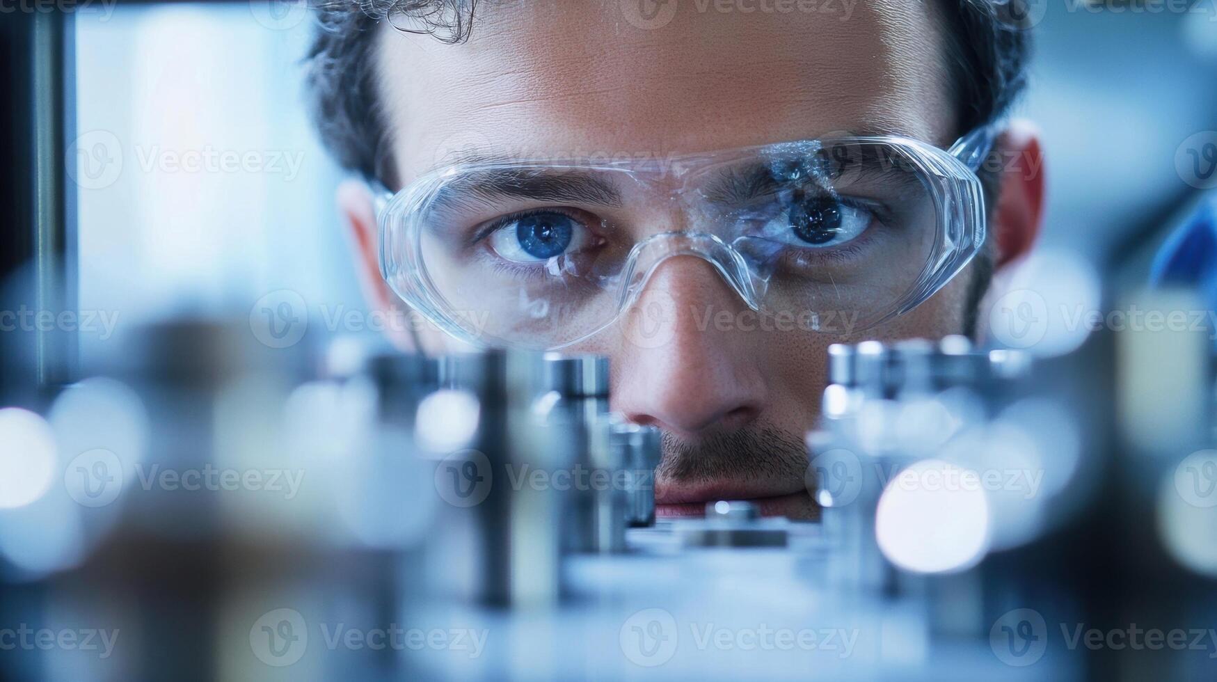 A worker wearing protective eyewear engrossed in repairing machinery symbolizing the skilled labor that is essential for economic growth and job creation in revitalized manufacturin photo