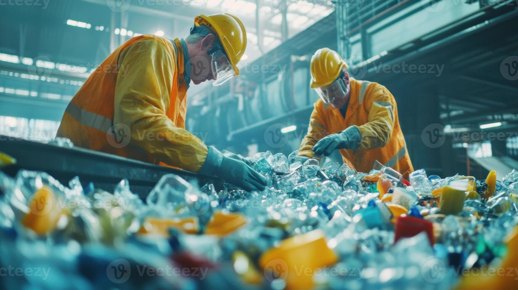 A zoomedin view of workers carefully inspecting discarded plastic components preparing them for grinding and reprocessing into new product materials photo