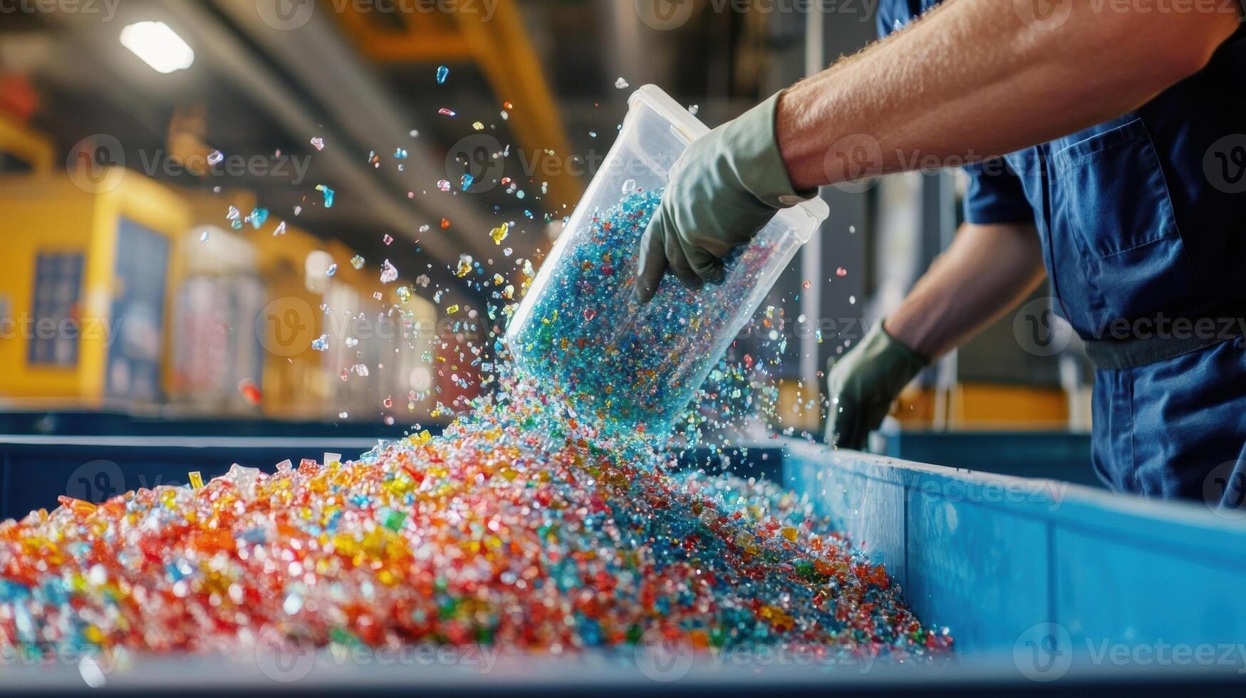Closeup of an employee pouring a container of crushed glass into a designated bin highlighting the vibrant colors of glass accompanied by informative posters about recycling benefit photo