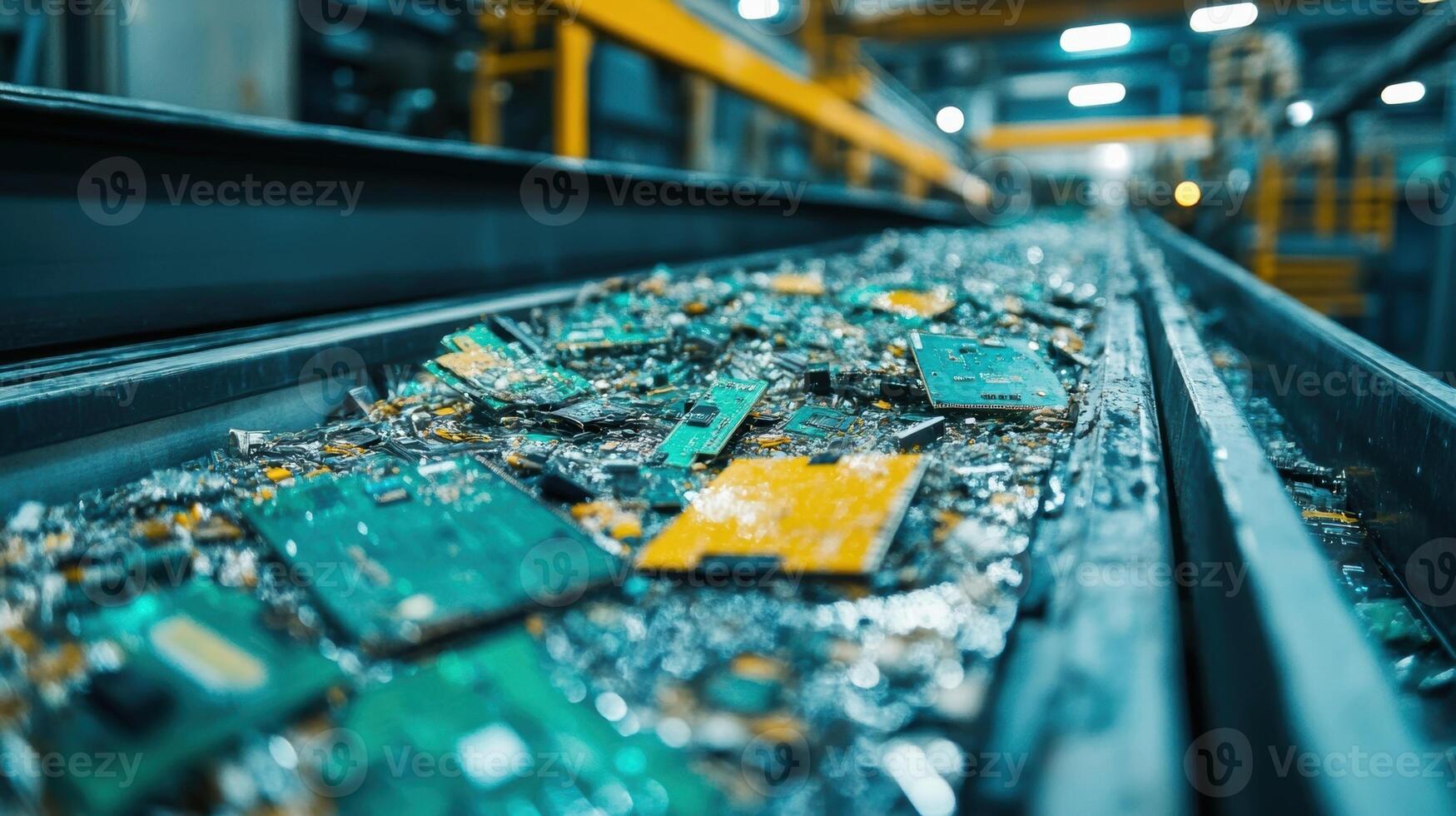 A close view of a conveyor belt processing electronic waste with circuit boards visibly being sorted highlighting the specific waste reduction strategies employed in electronic photo