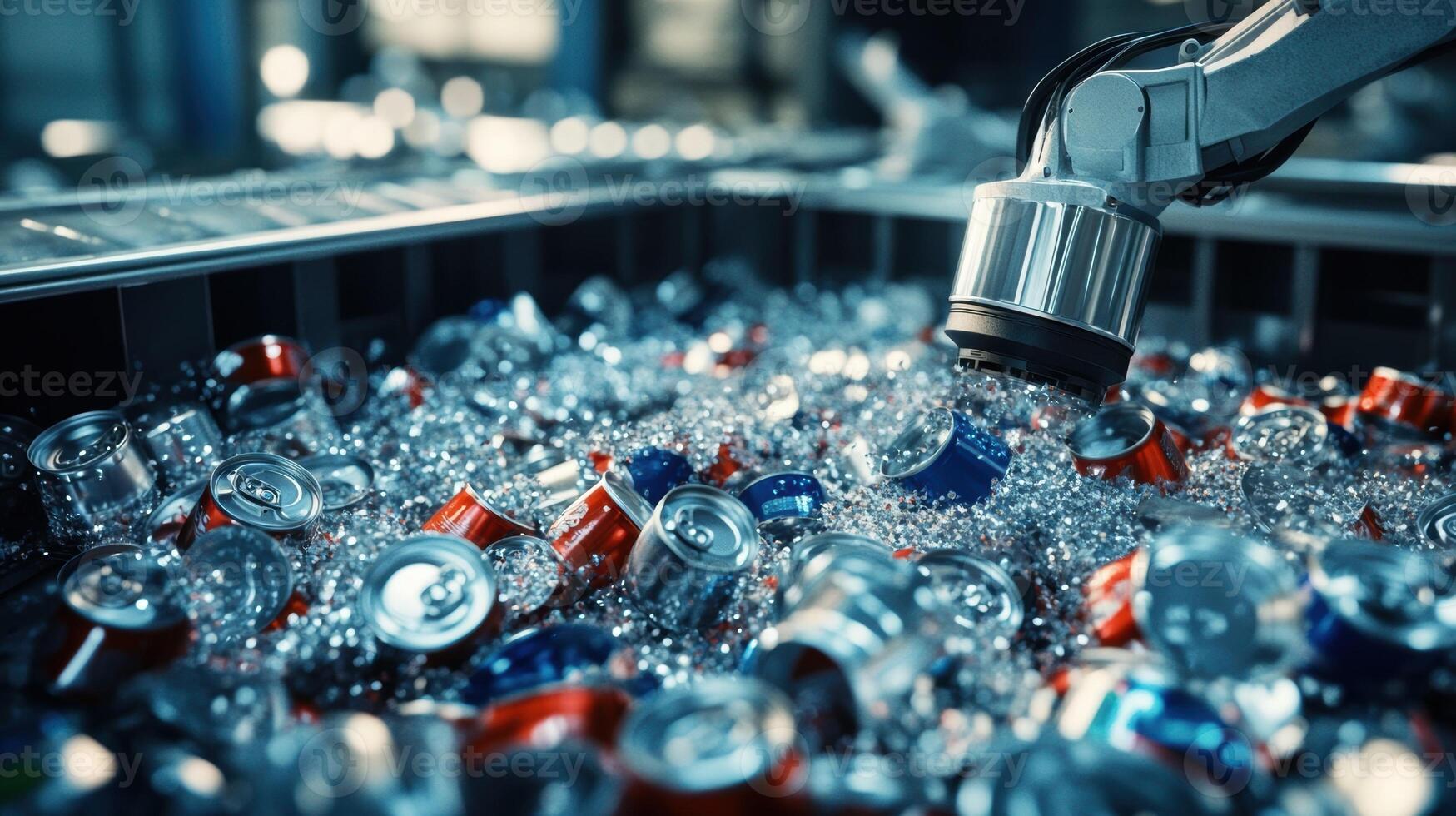 Closeup of an automated robotic arm picking up recyclable aluminum cans and placing them into a grinding unit highlighting the integration of technology in recycling workflows photo