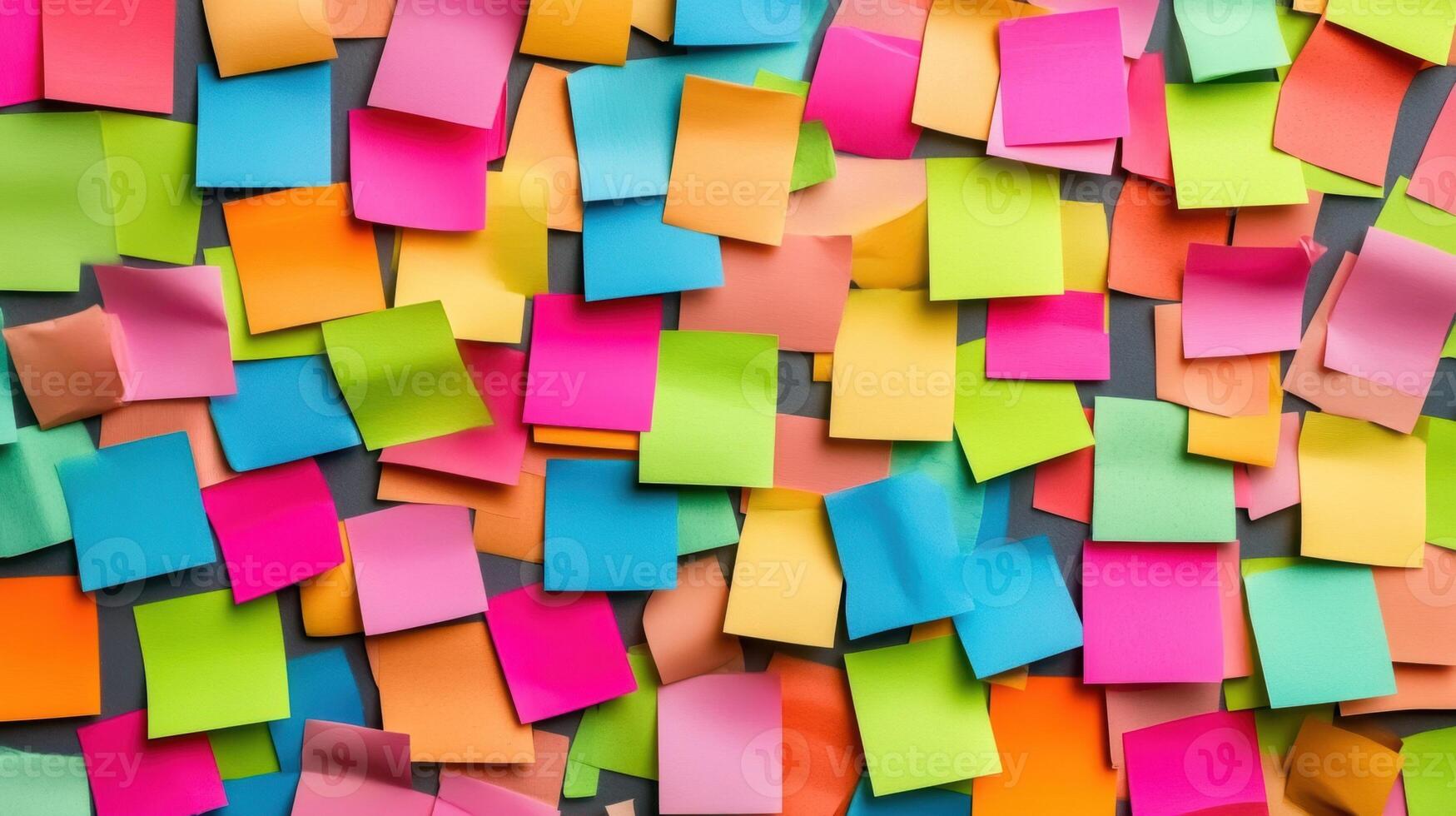 A closeup of a goalsetting chart on a desk filled with vibrant postit notes indicating individual and collective objectives aimed at enhancing productivity photo
