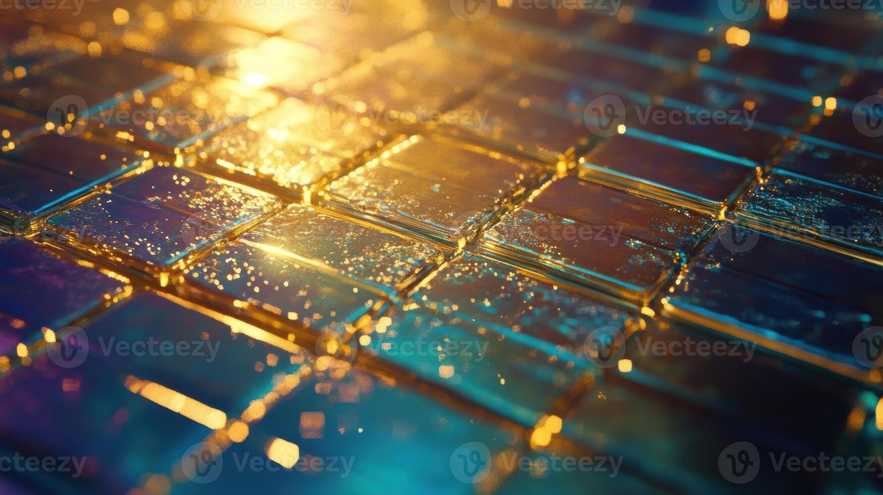 A detailed capture of the solar panels surface capturing sunlight with a focus on the reflections and slight imperfections that give it character photo