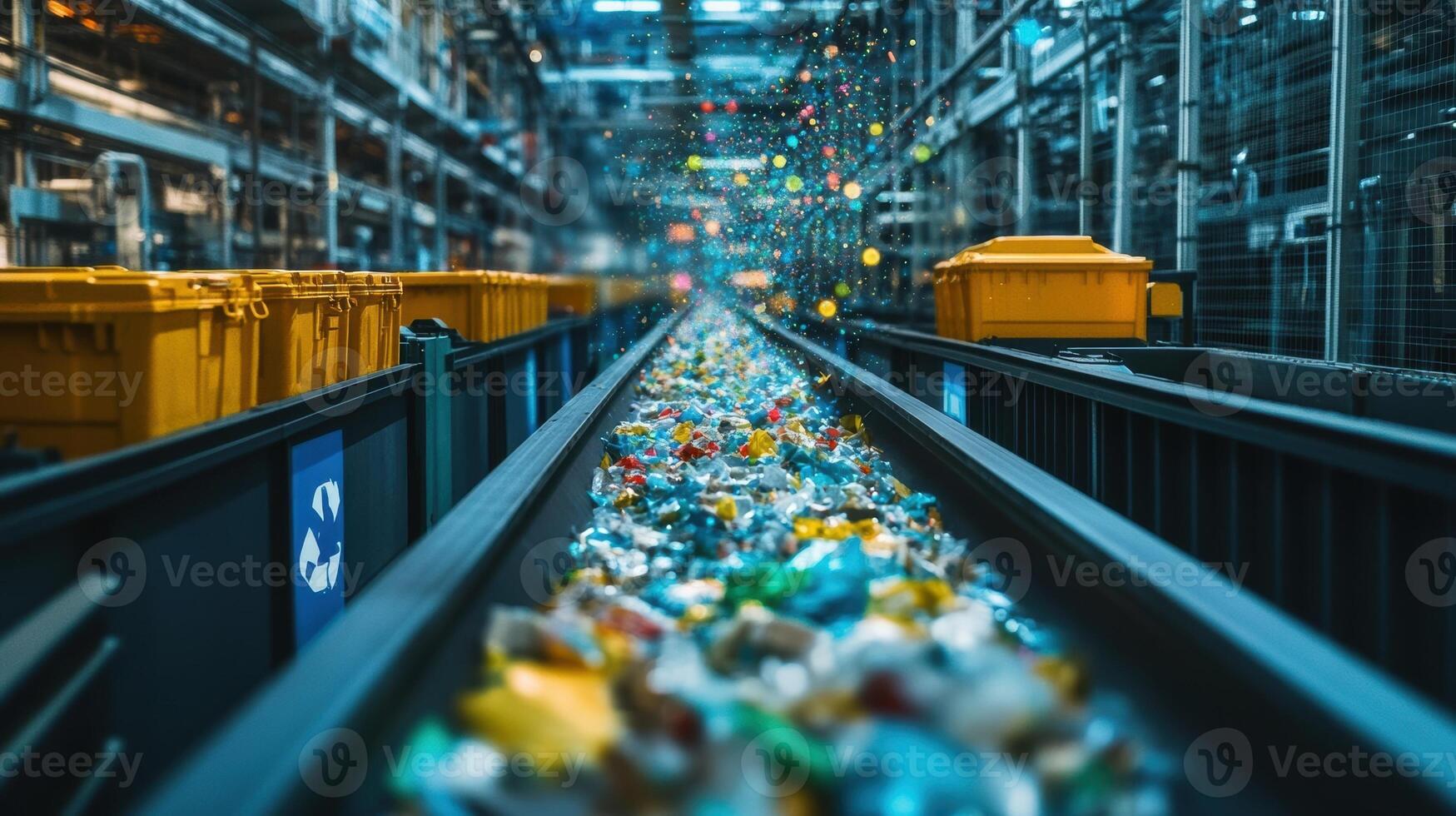 An image capturing the inner workings of a conveyor system lined with bins each labeled for different recyclable materials illustrating a comprehensive waste sorting technique photo