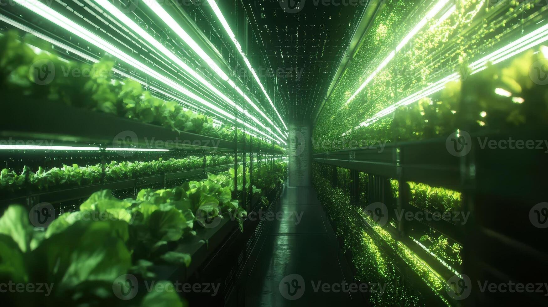 Detailed view of a vertical farming setup within a microfactory displaying rows of leafy greens being cultivated under energyefficient grow lights underscoring the efficient use o photo