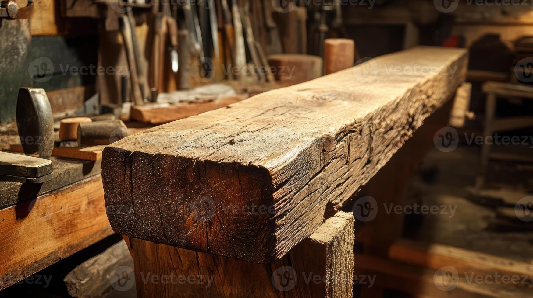 A detailed view of a wooden beam freshly from a local mill with visible grain patterns and a shiny smooth surface surrounded by tools used in its processing photo