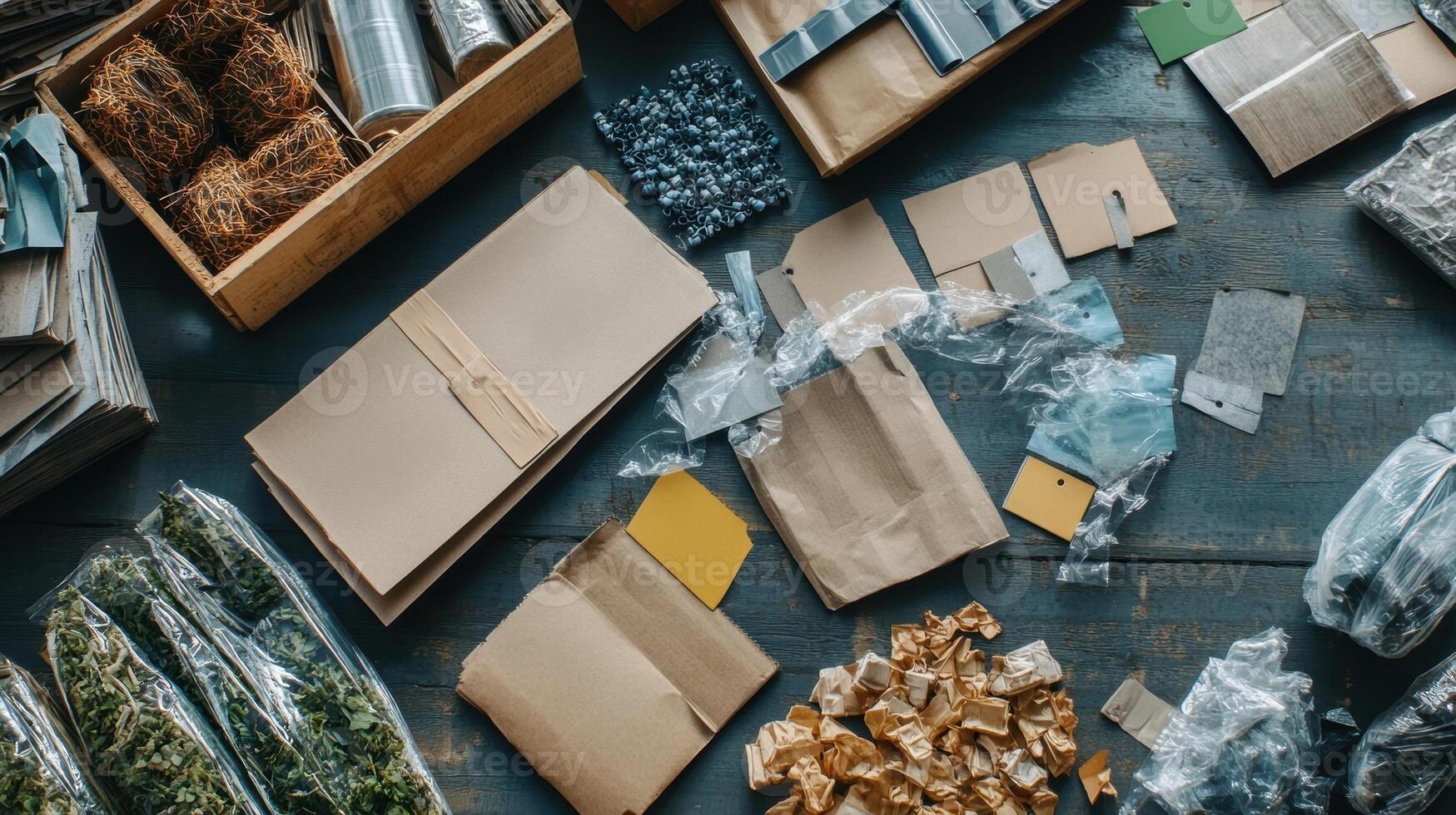 A selection of ecofriendly packaging materials laid out in a factory section with tags identifying their sources as local recycled materials promoting sustainability efforts photo