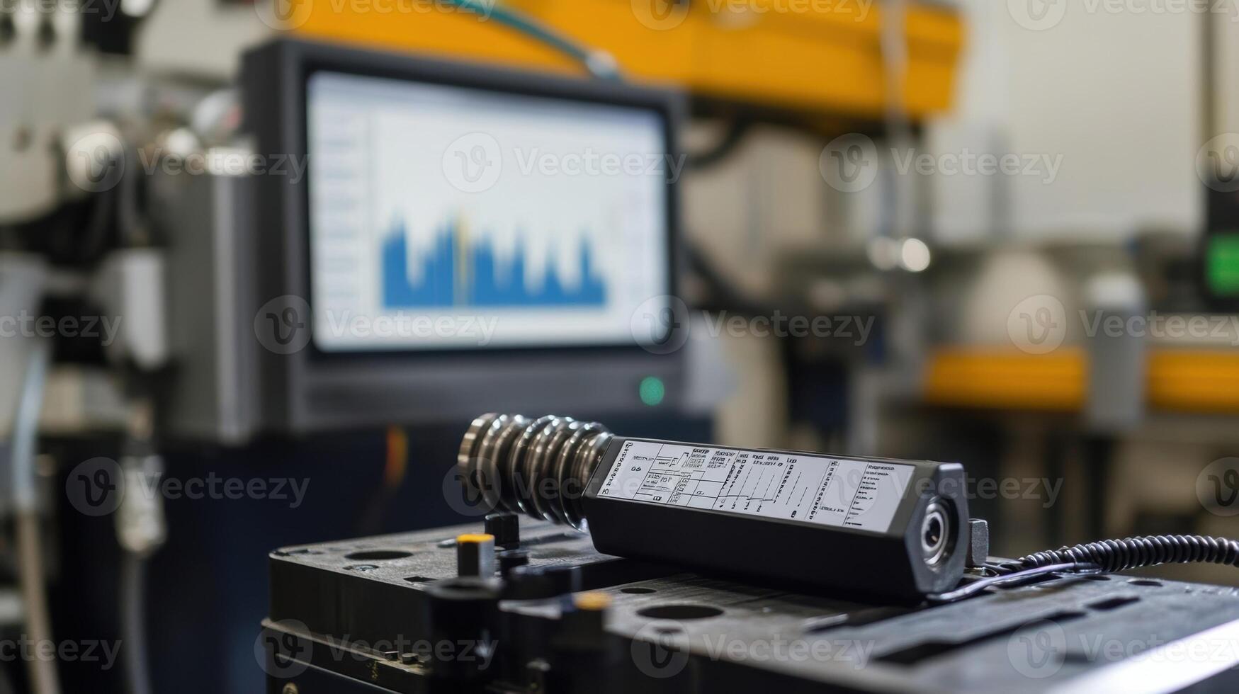 A refined angle of a vibration analysis tool resting on a machine with graphical data illustrating abnormal vibrations helping pinpoint potential issues before they escalate photo