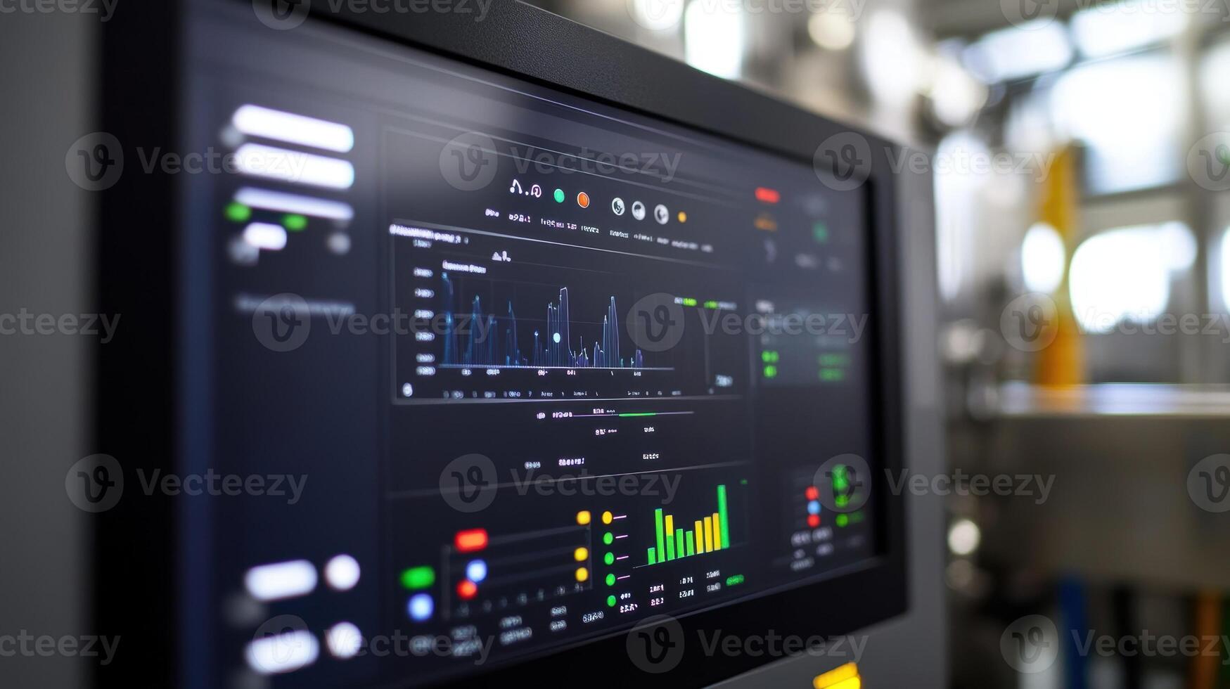 A closeup of a machine interface screen displaying realtime data analytics with graphs and metrics visualizing the performance of interconnected systems through 5G networks photo