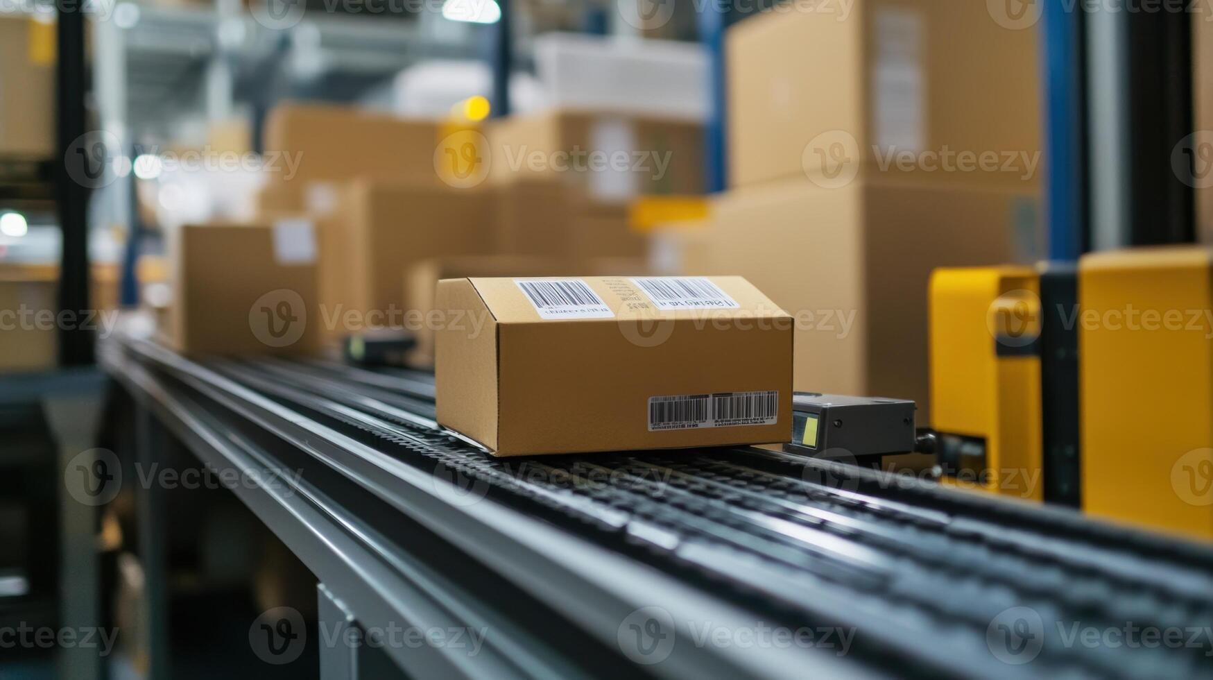 A detailed shot of barcode scanning equipment in action capturing data from products as they move through the shipping process representing automation in logistics tracking photo