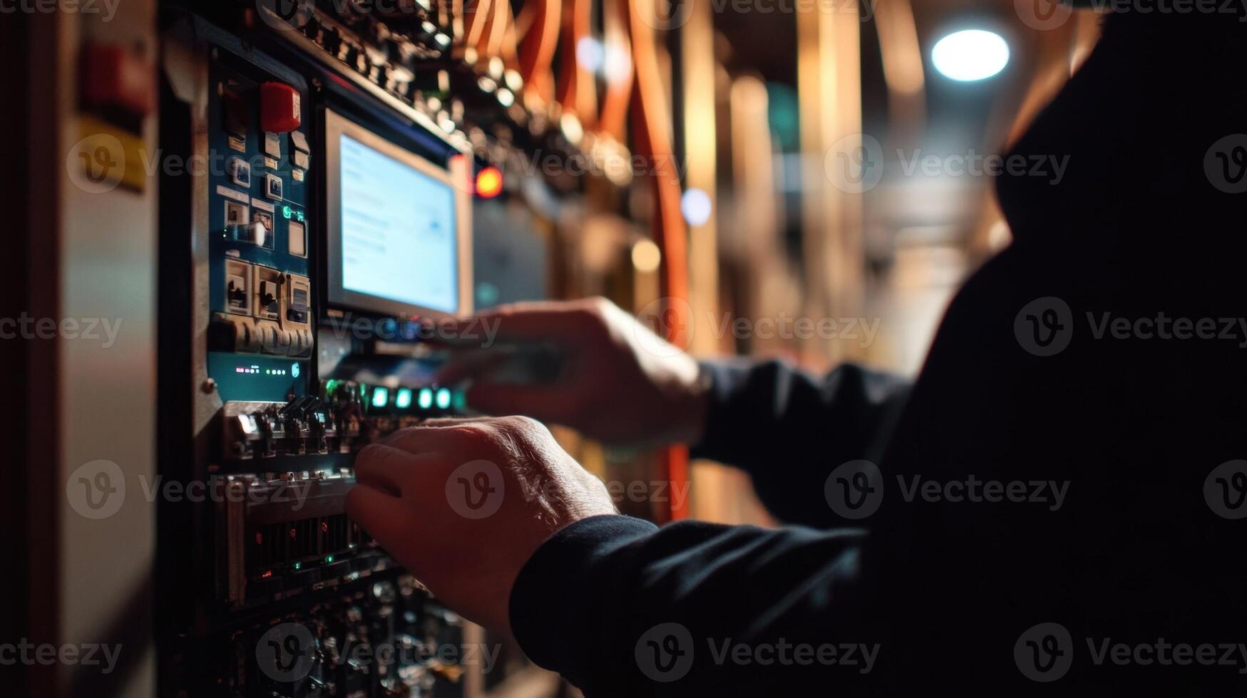 An image capturing the closeup view of a digital interface on an industrial machine where AR provides troubleshooting instructions while a technician performs maintenance photo