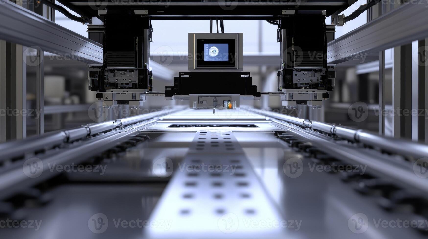 An image of a stateoftheart robotic inspection system equipped with cameras and sensors meticulously scanning products for quality assurance on a sleek metallic assembly line photo