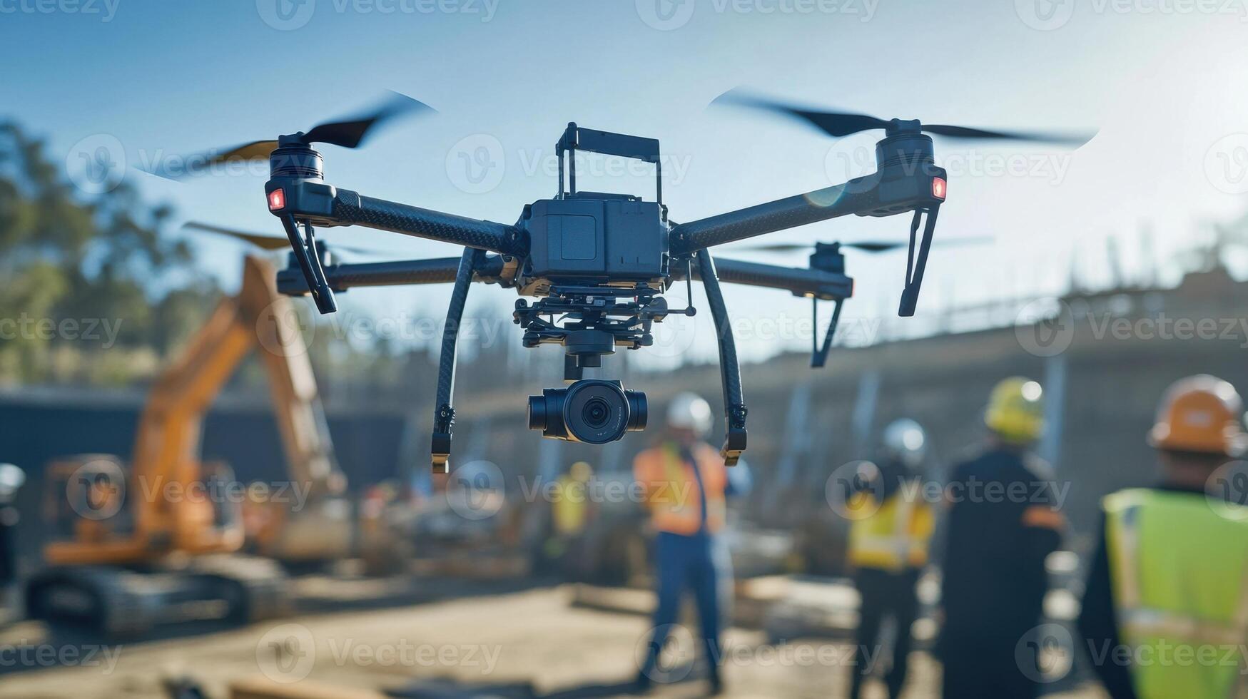 A of drones hovering above a work area equipped with cameras capturing realtime footage and wirelessly transmitting it to a central monitoring unit photo