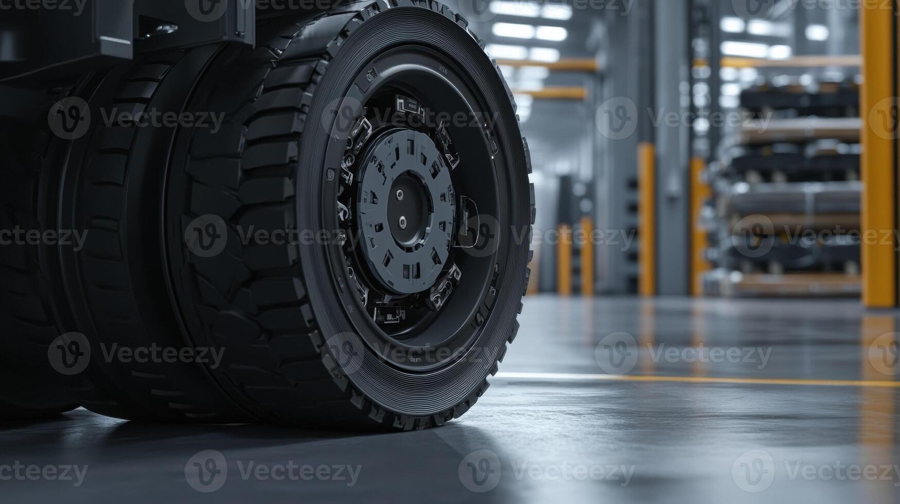 A detailed view of an autonomous transport vehicles wheel assembly highlighting embedded technology and sensors designed for seamless communication over 5G networks set against a backdro photo