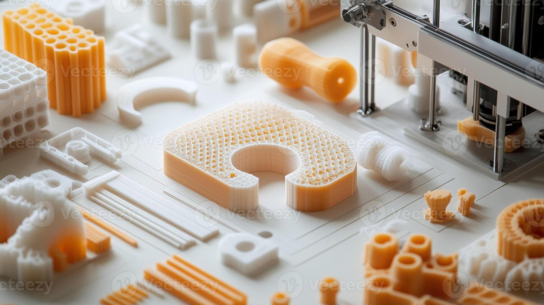 A closeup of a 3D printer extruding layers of filament capturing the intricate details of a customdesigned object as it builds up surrounded by tools and materials ready for customization photo