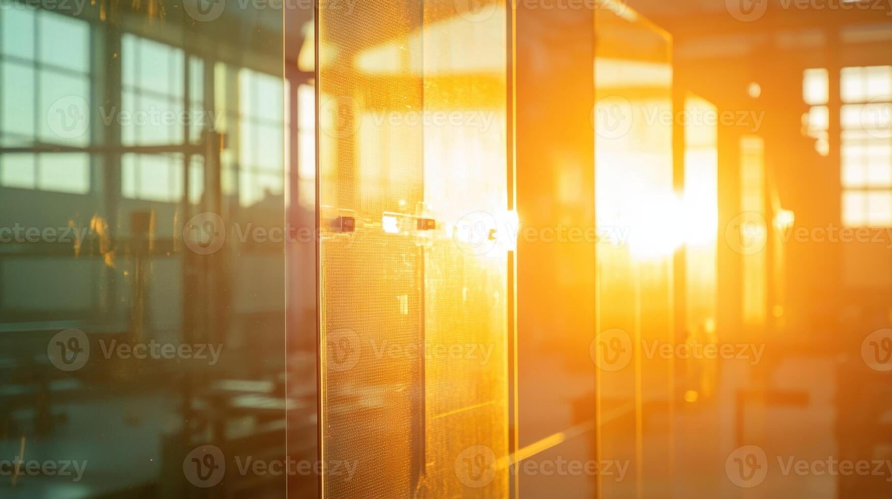 Closeup of sunlight filtering through transparent solar glass embedded in the walls of a factory illuminating the interior workspace while reducing energy costs photo
