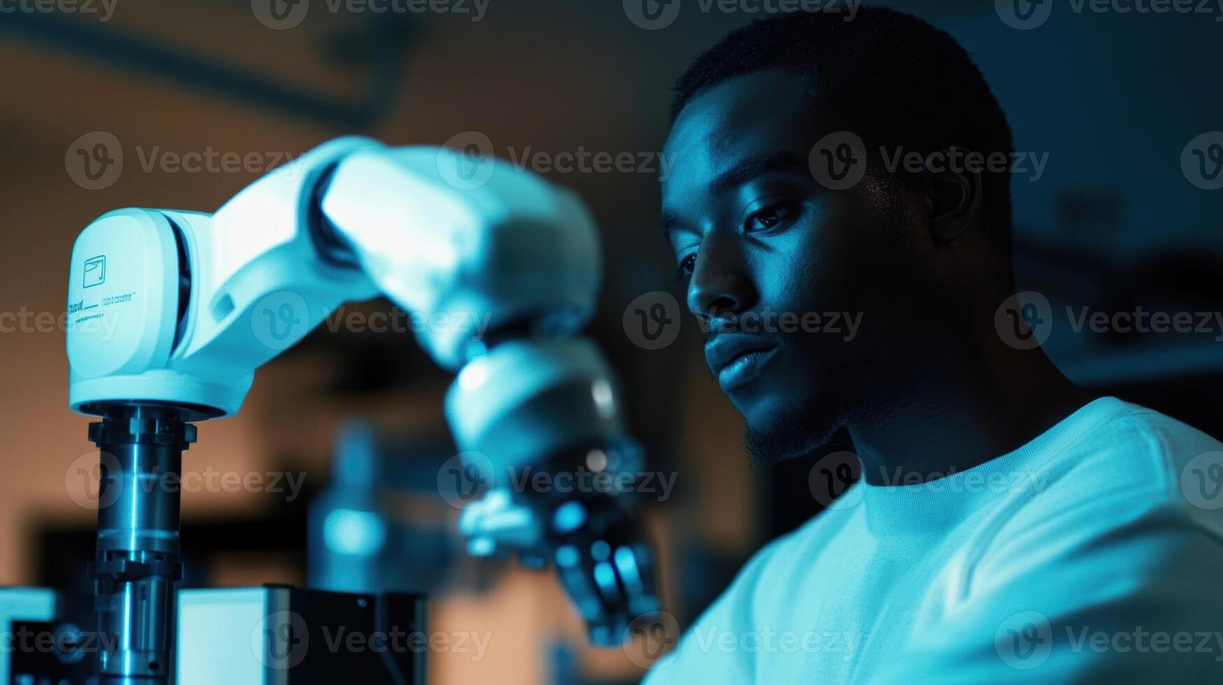 An automated robotic arm performing precision assembly tasks with a worker observing and ready to intervene if necessary showcasing a seamless humanrobot collaboration photo