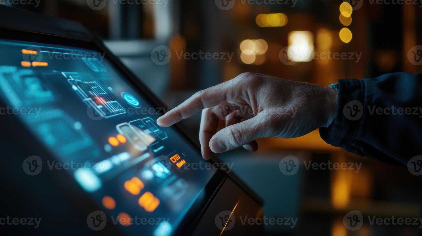 An operators hand tapping a touchscreen interface with vivid notifications appearing in a floating window signaling an emergency maintenance requirement on a machine photo