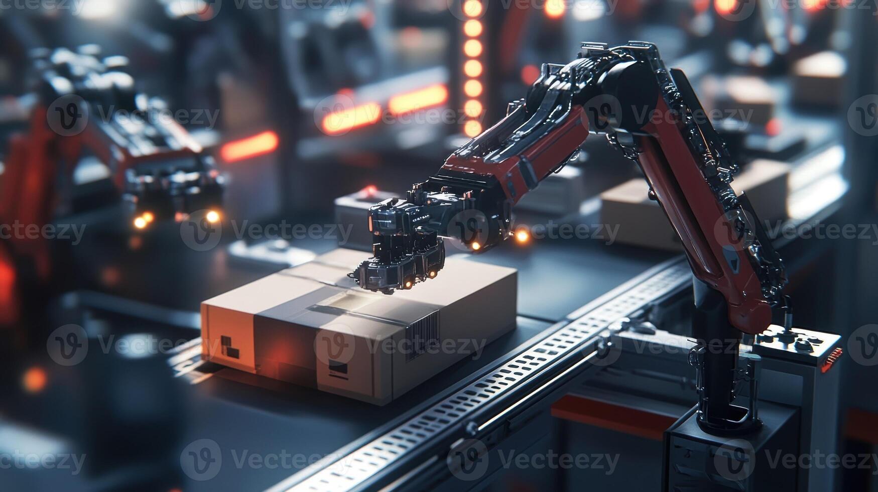 A still shot of a robotic packaging line where machines efficiently box and seal products with a focus on the mechanical movement of arms and belts that streamline the packaging process photo