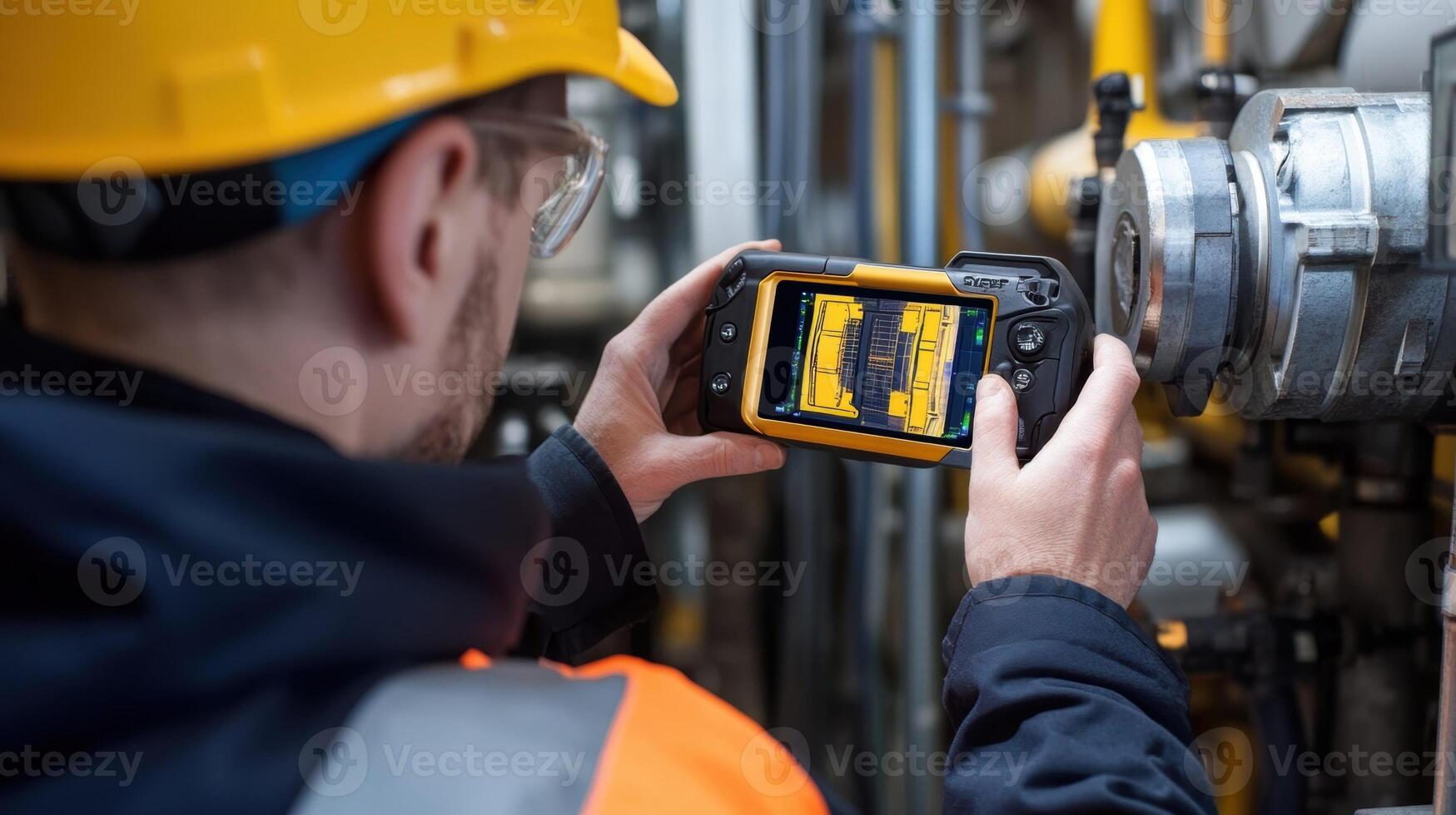 A worker inspecting a mechanical component with a thermal imaging camera identifying potential overheating issues before they escalate into costly repairs photo