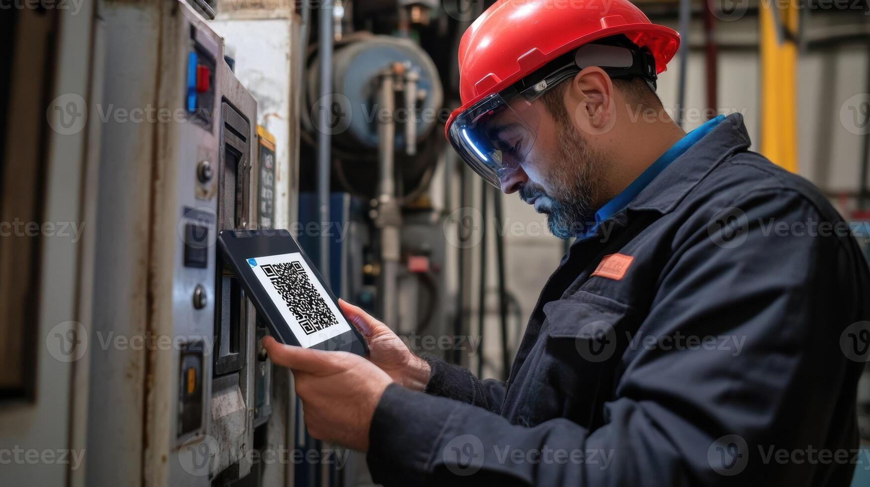 A technician scanning a QR code on a machine with AR glasses receiving digital safety training specific to the equipment and ensuring adherence to best practices photo