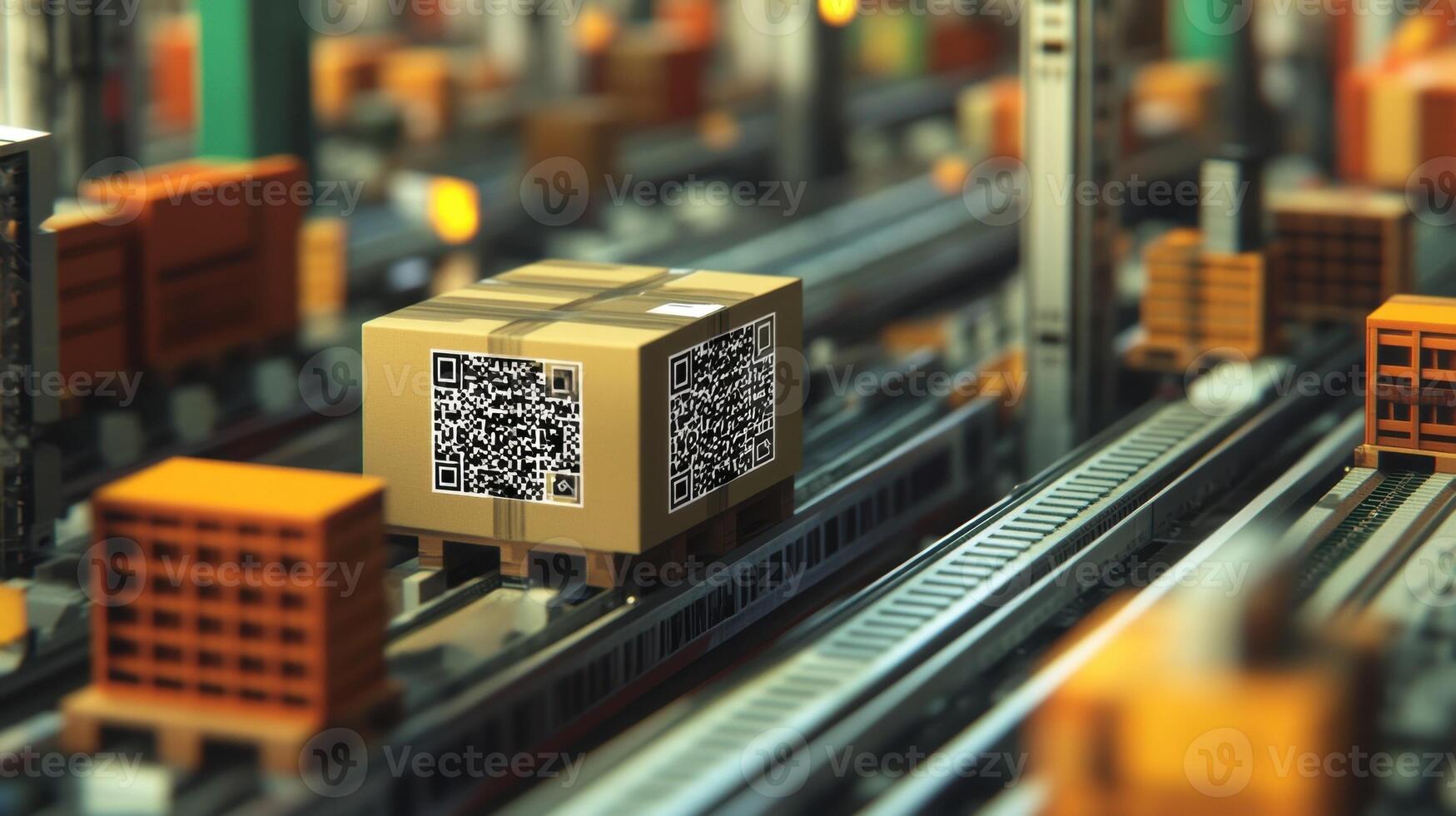 An intricate network of conveyor belts with small QR codes attached to crates capturing the essence of automated tracking in motion photo