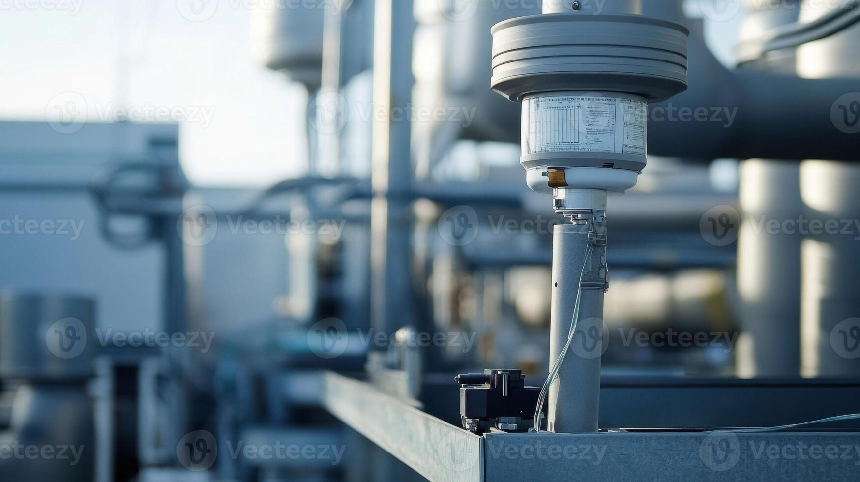 A closeup view of a wireless antenna installed on a factory rooftop designed to enhance secure 5G connectivity with measuring equipment nearby signaling strength and potential photo
