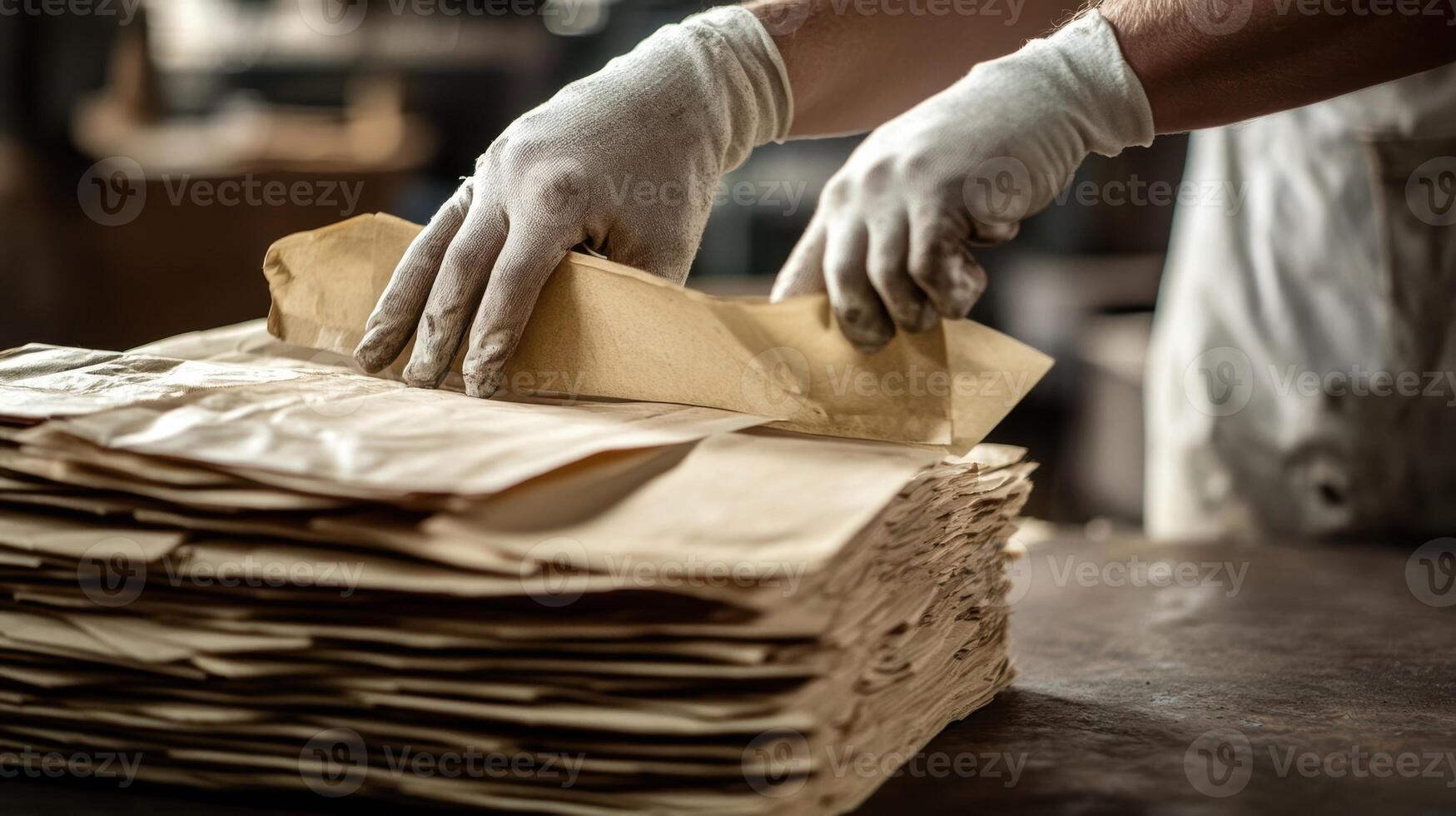 A closeup of a workers gloved hands meticulously stacking oversized envelopes reclaimed for reuse with textures highlighted by the factory lighting photo