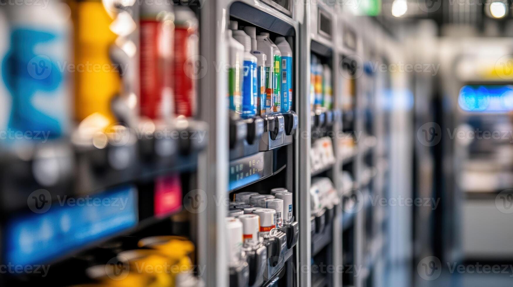 A close focus on a smart vending machine filled with maintenance supplies connected to the supply chain to automatically reorder items as they are used demonstrating justintime photo