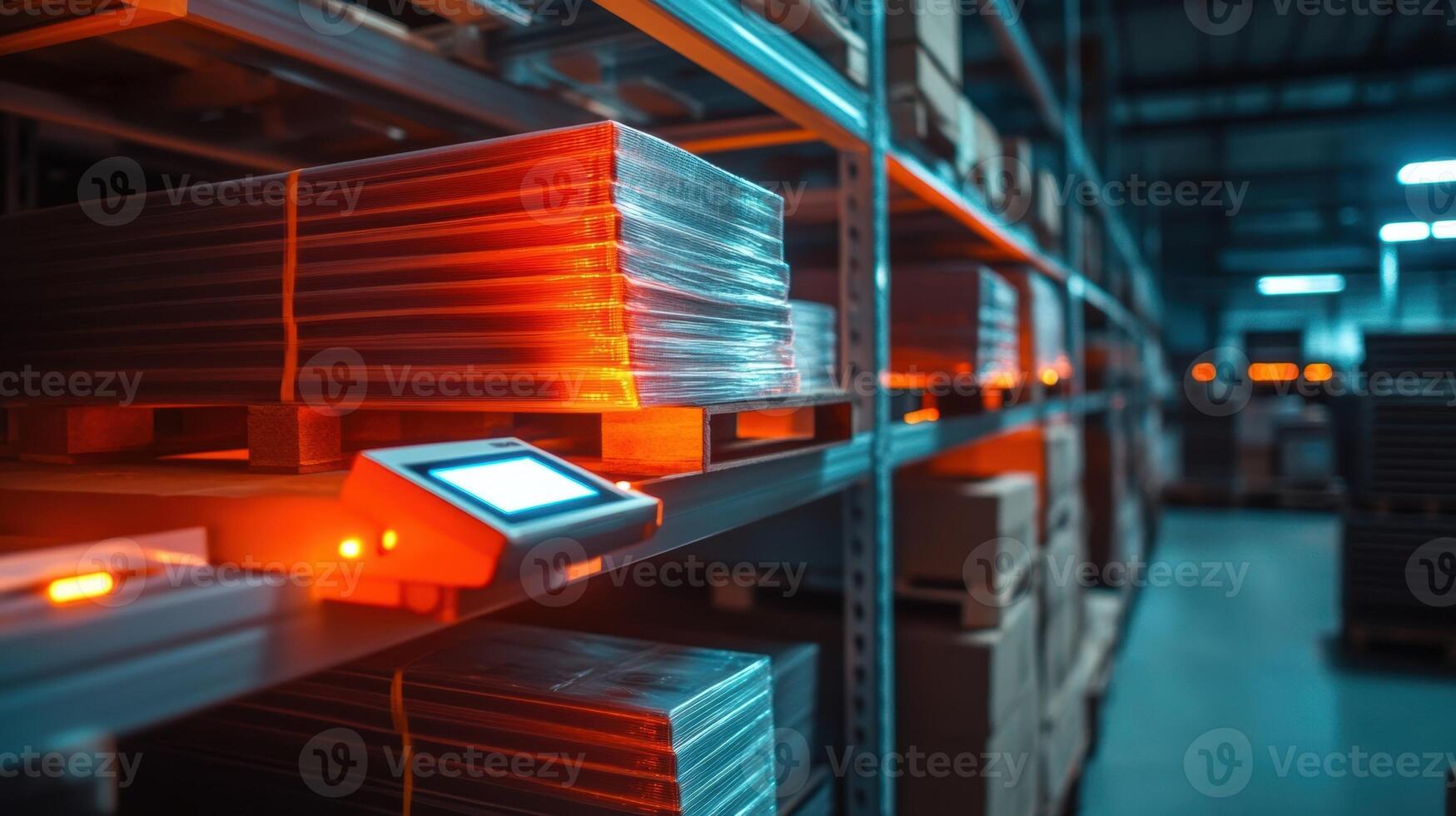 An industrial RFID reader scanning a batch of materials stacked on a shelf with vibrant LED indicators confirming successful tracking photo