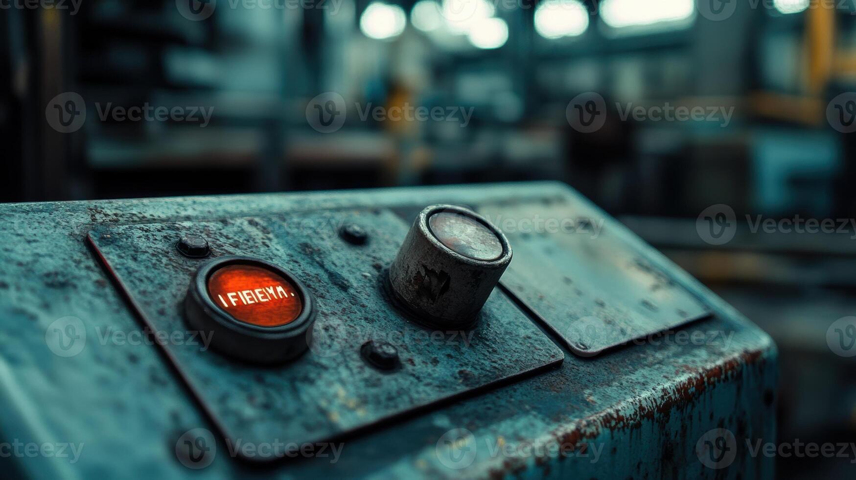 A weathered control button marked Emergency prominently positioned on a factory console with a faint glow indicating its been recently activated due to an alert photo