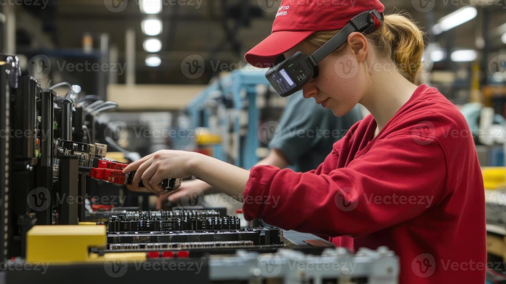 A focused assembly worker uses AR glasses that overlay critical part numbers and specifications directly onto the components they are handling streamlining the identification process photo