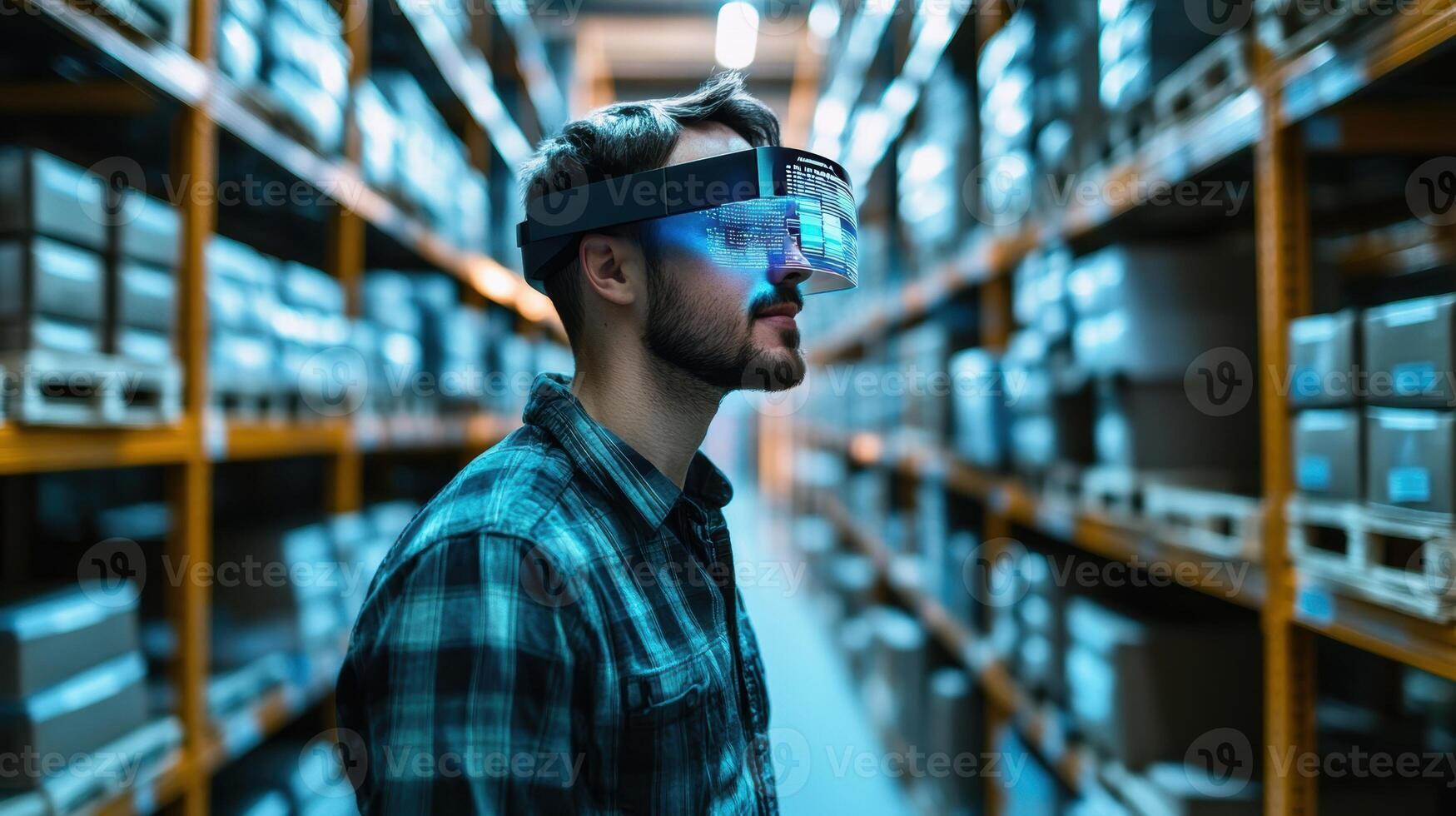 An employee wearing augmented reality glasses engaging with virtual data projections of inventory levels and tracking information overlaid on physical shelves photo