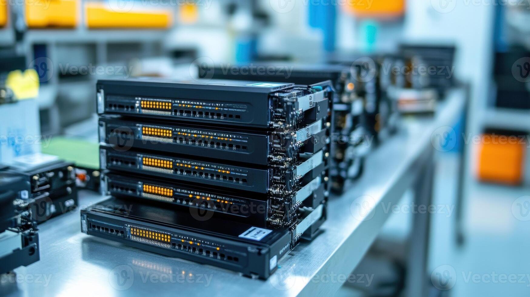 An array of encrypted SSDs stacked neatly on a workbench ready for deployment in a secure 5G network environment emphasizing data protection through physical storage solutions photo