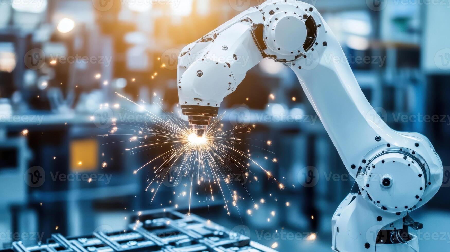 The detailed view of a robotic arm in motion welding metal components together with sparks flying highlighting the intricacies of automation in advanced manufacturing and the importanc photo