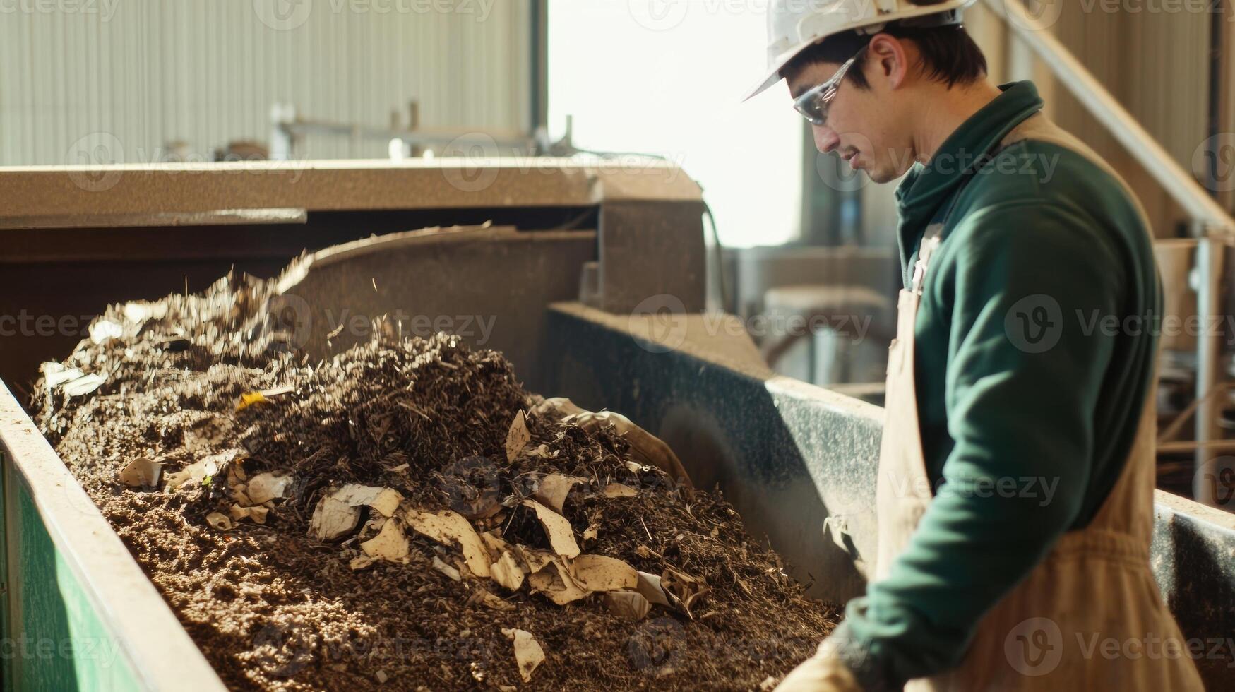 A worker carefully calibrating a machine that processes organic waste into compost with a focus on the intricate machinery and the meaningful transformation of waste into valuable soi photo