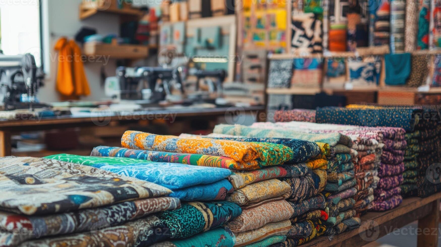 A display of various upcycled textile products arranged neatly in a workshop showcasing vibrant colors and patterns with sewing machines and materials visible in the background to photo