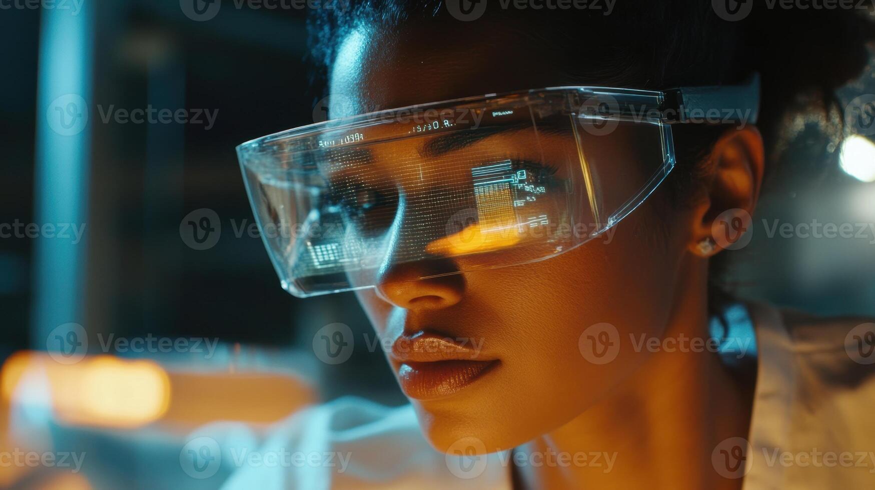 A closeup capturing a female worker preparing for a task her AR visor projecting safety statistics and the number of days since the last incident reinforcing a culture of safety photo
