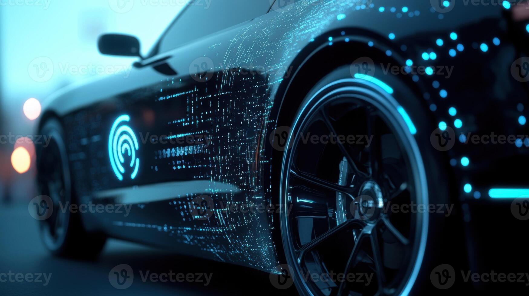 A close look at the vehicles side focusing on the seamless integration of 5G antennas and hightech interfaces with the 5G signal logo highlighted photo