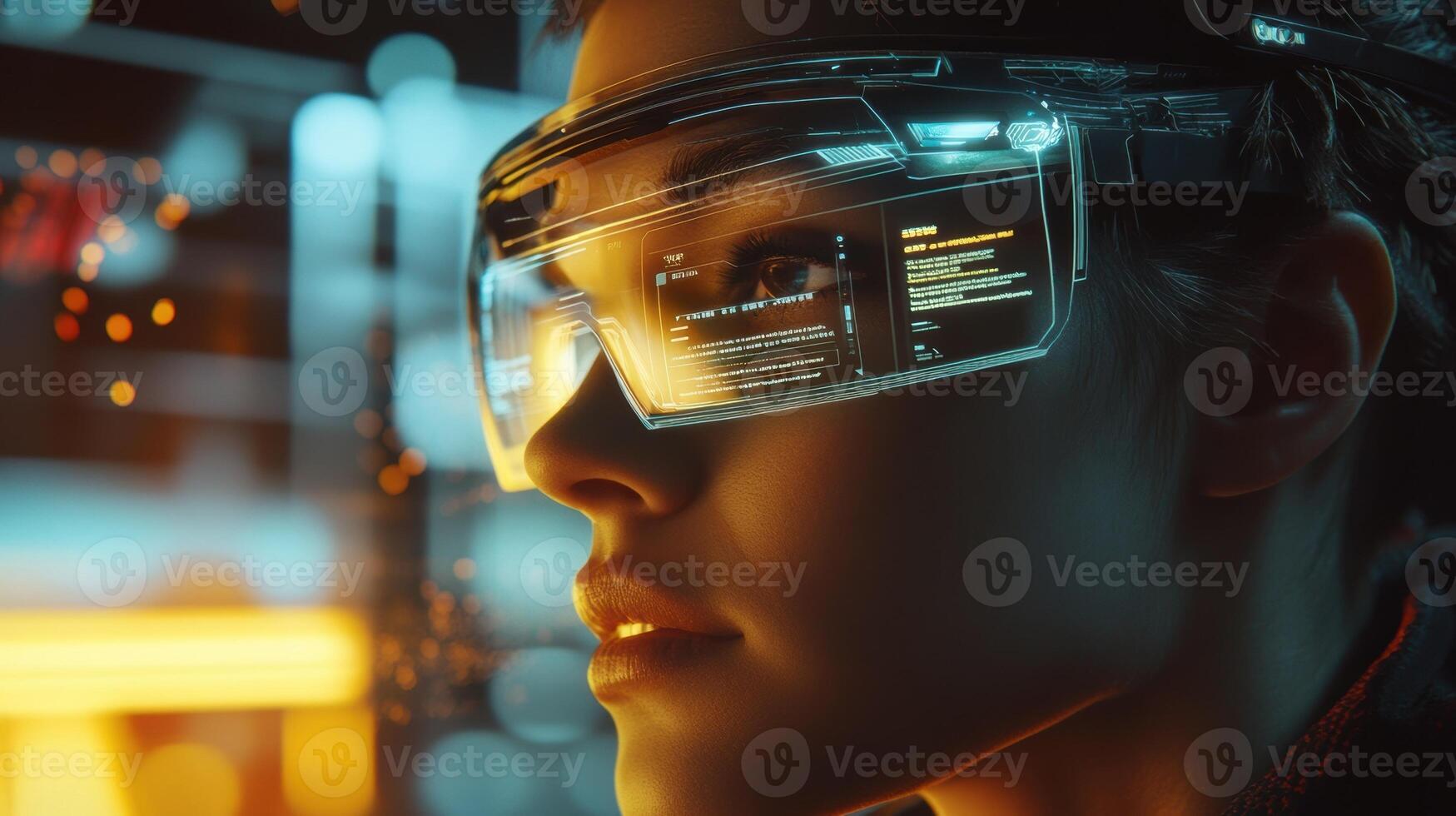 An intense closeup of an employees eyes illuminated by the digital interface of an AR visor. Information panels appear indicating restricted zones and potential risks within the wor photo