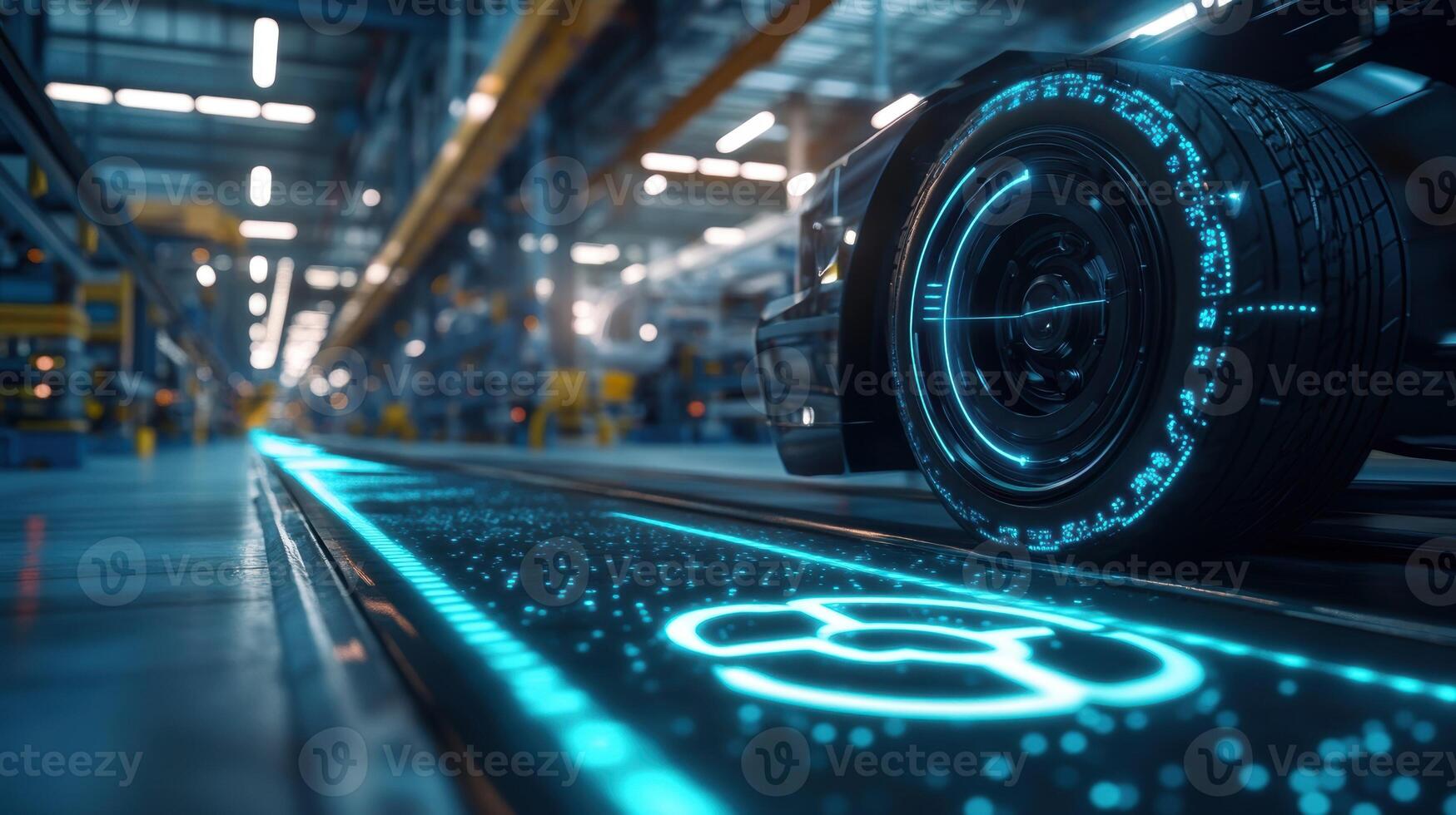 The wheels of an autonomous vehicle moving over a dotted line on the factory floor with an illuminated 5G icon projected on the ground nearby photo