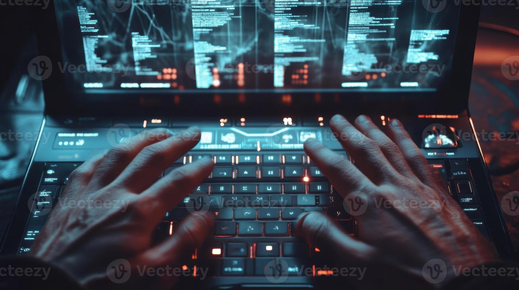 A pair of hands poised over a keyboard navigating a digital learning platform with tutorials and progress tracking charts visible on the screen photo