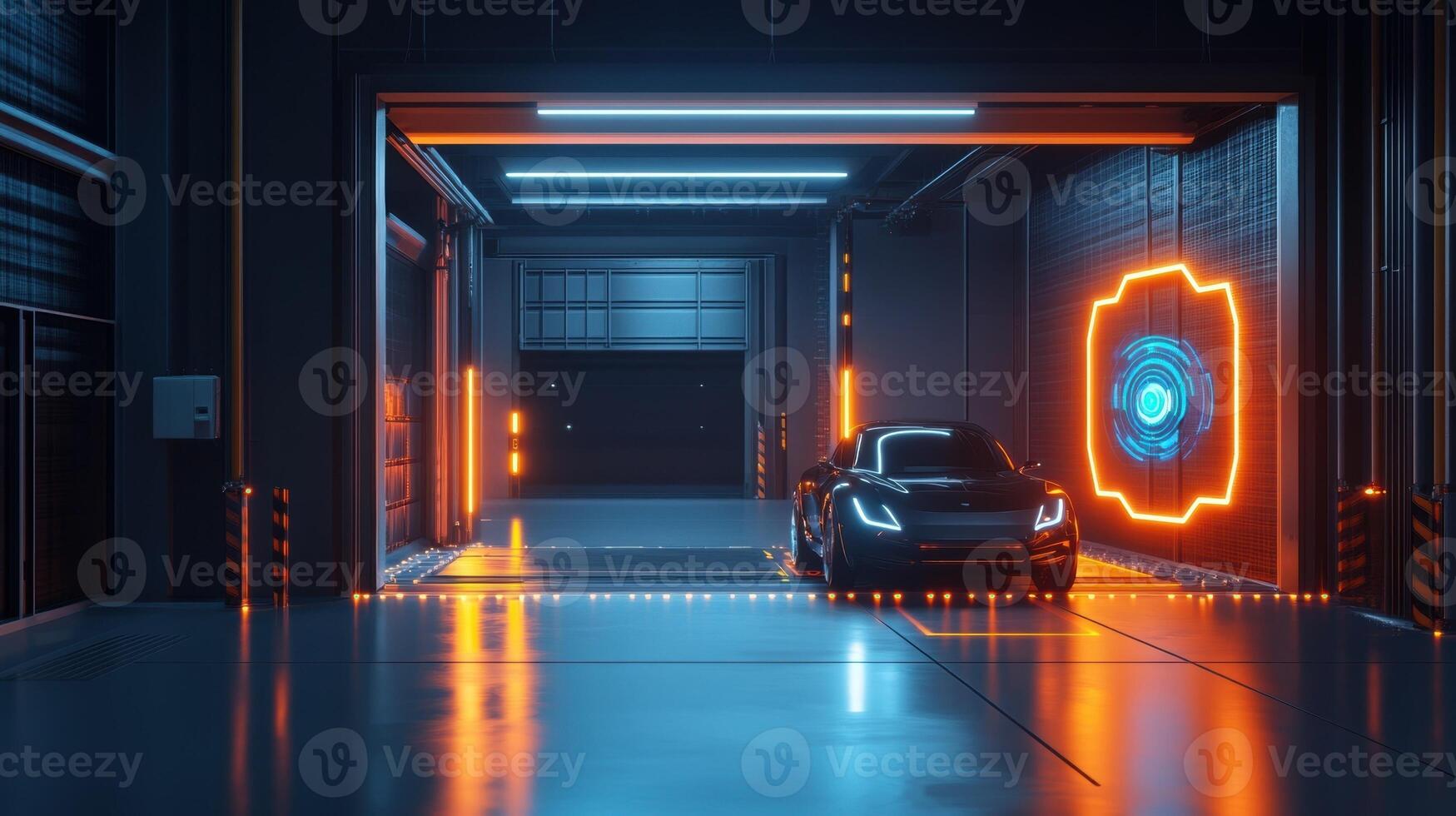 The autonomous vehicle navigating a loading dock with an ambient glow from a nearby 5G icon indicating active data transfer in realtime photo
