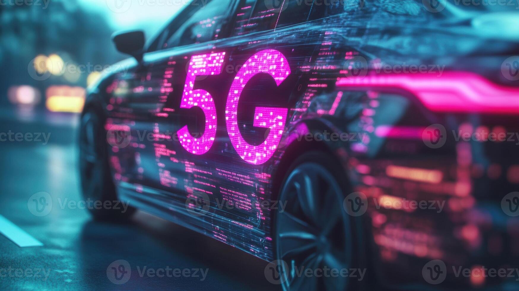 A detailed image capturing the interface of the autonomous vehicle where data displays are accompanied by a vibrant 5G signal logo indicating robust connectivity photo