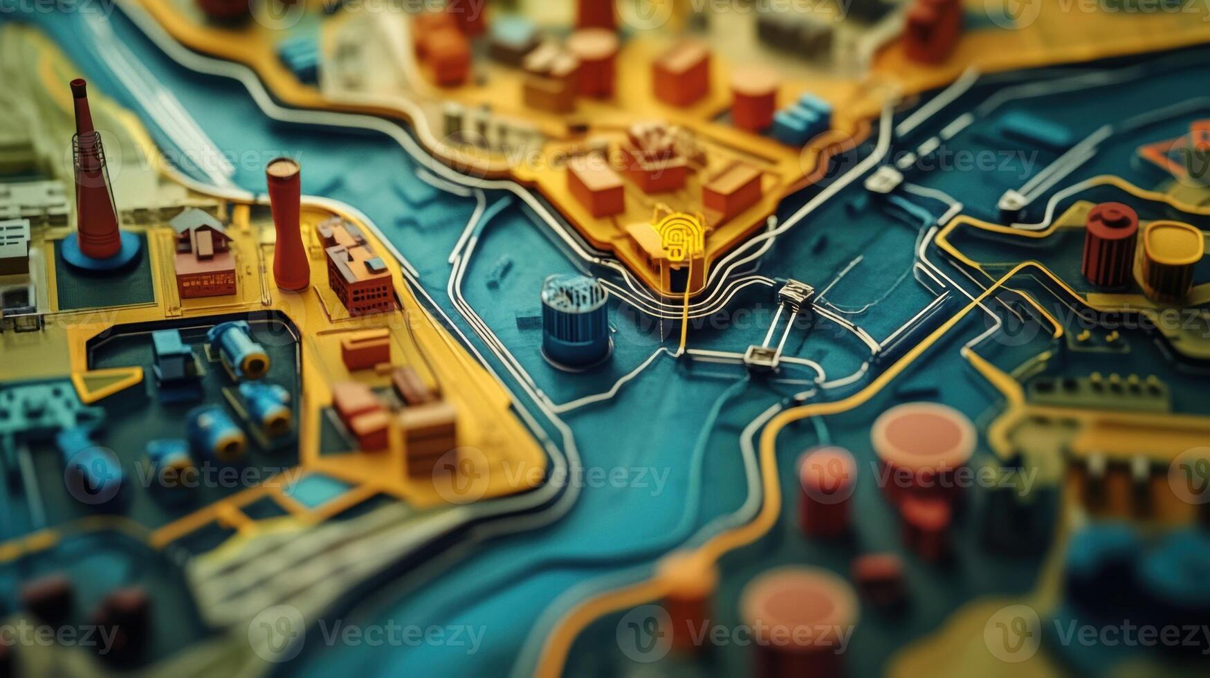 An artisanstyle map featuring handdrawn microfactory symbols interconnected with colorful threads mapping transportation routes emphasizing the local manufacturing network photo